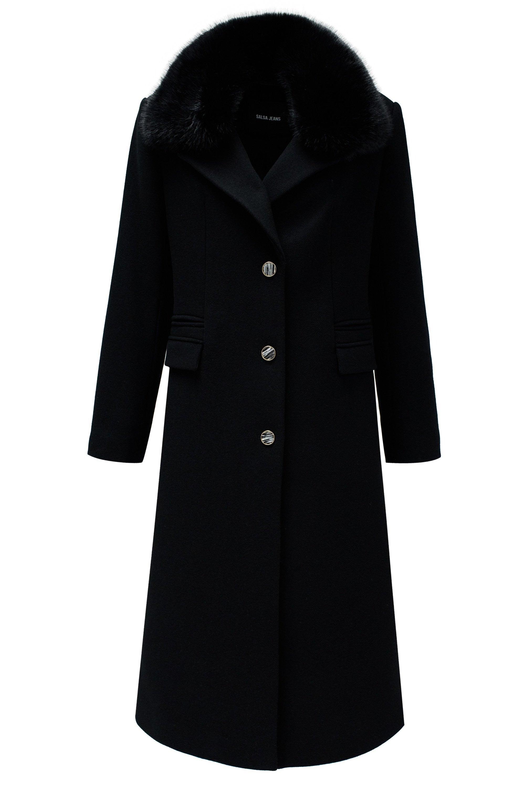 Wool Coat With Faux Fur Collar in Black Jacken Salsa Jeans