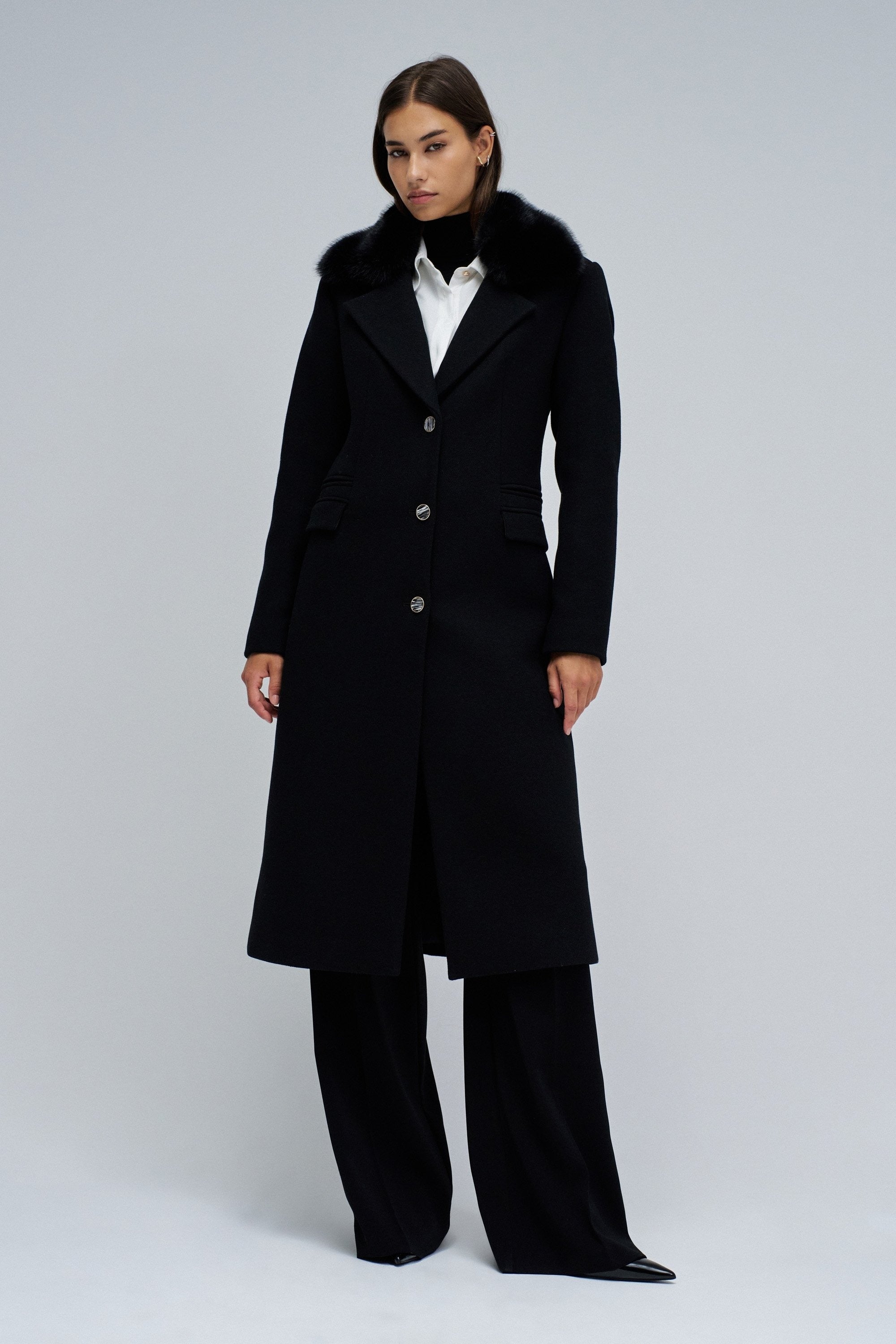Wool Coat With Faux Fur Collar in Black Jacken Salsa Jeans
