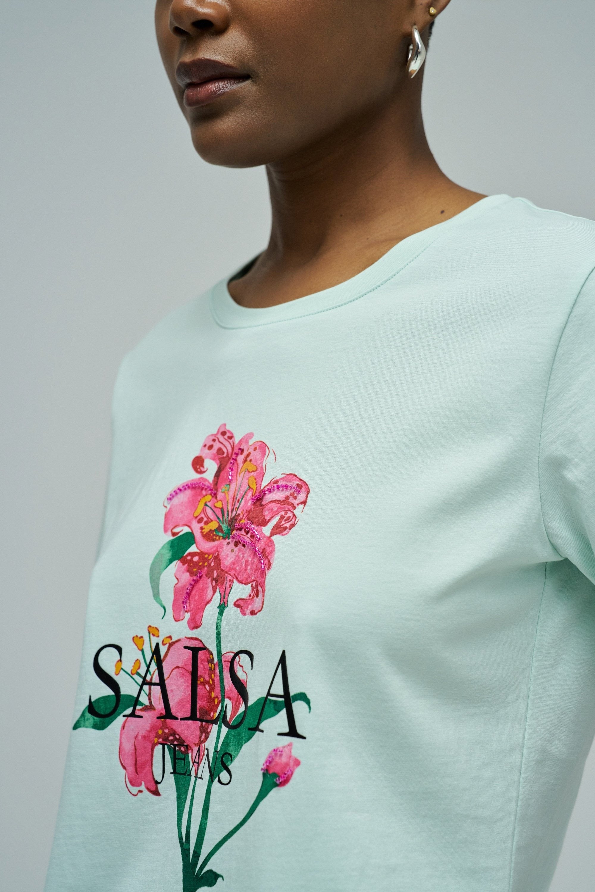 Flower Print T-Shirt in Light Green T-Shirts Salsa Jeans