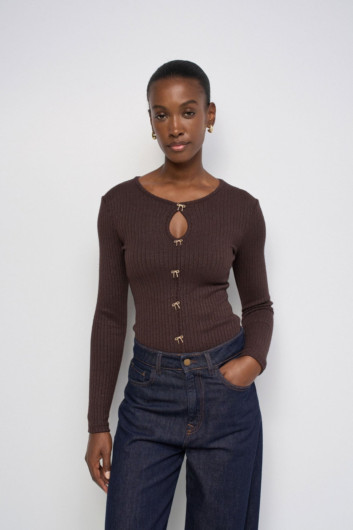 Longsleeve mit Schleifen-Detail in Dark Brown V1 T-Shirts Salsa Jeans