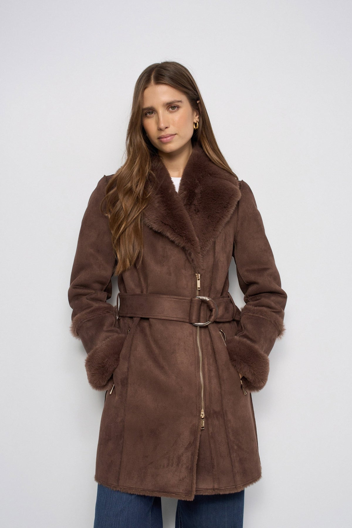 Langer Shearling Mantel in Dark Brown V1