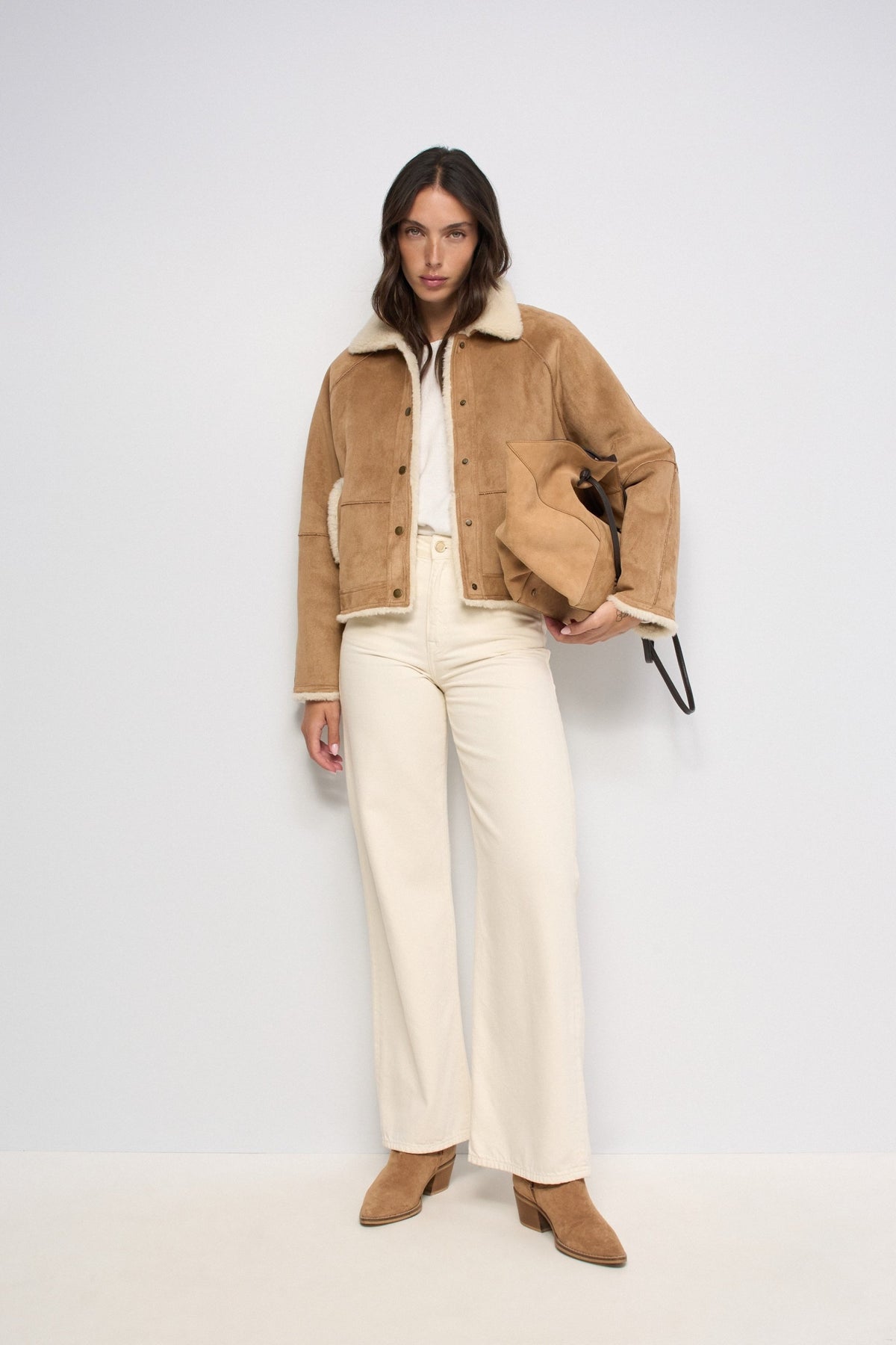 Cropped Faux Suede Shearling Jacke in Medium Brown V2 Jacken Salsa Jeans
