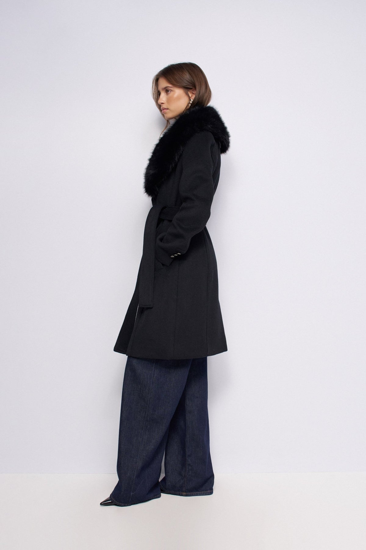 Wollmantel mit abnehmbarem Kunstfellkragen in Black Jacken Salsa Jeans