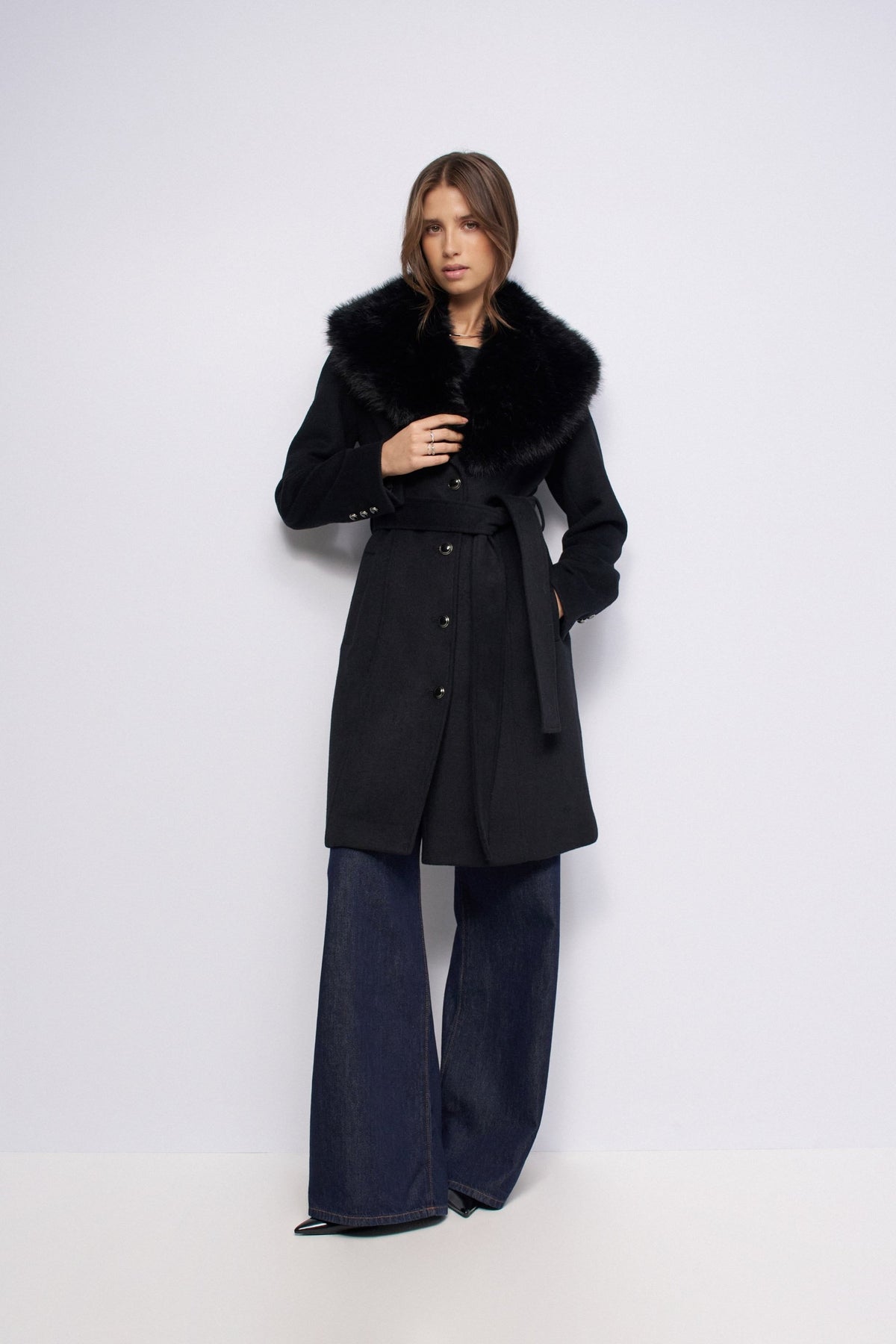 Wollmantel mit abnehmbarem Kunstfellkragen in Black Jacken Salsa Jeans