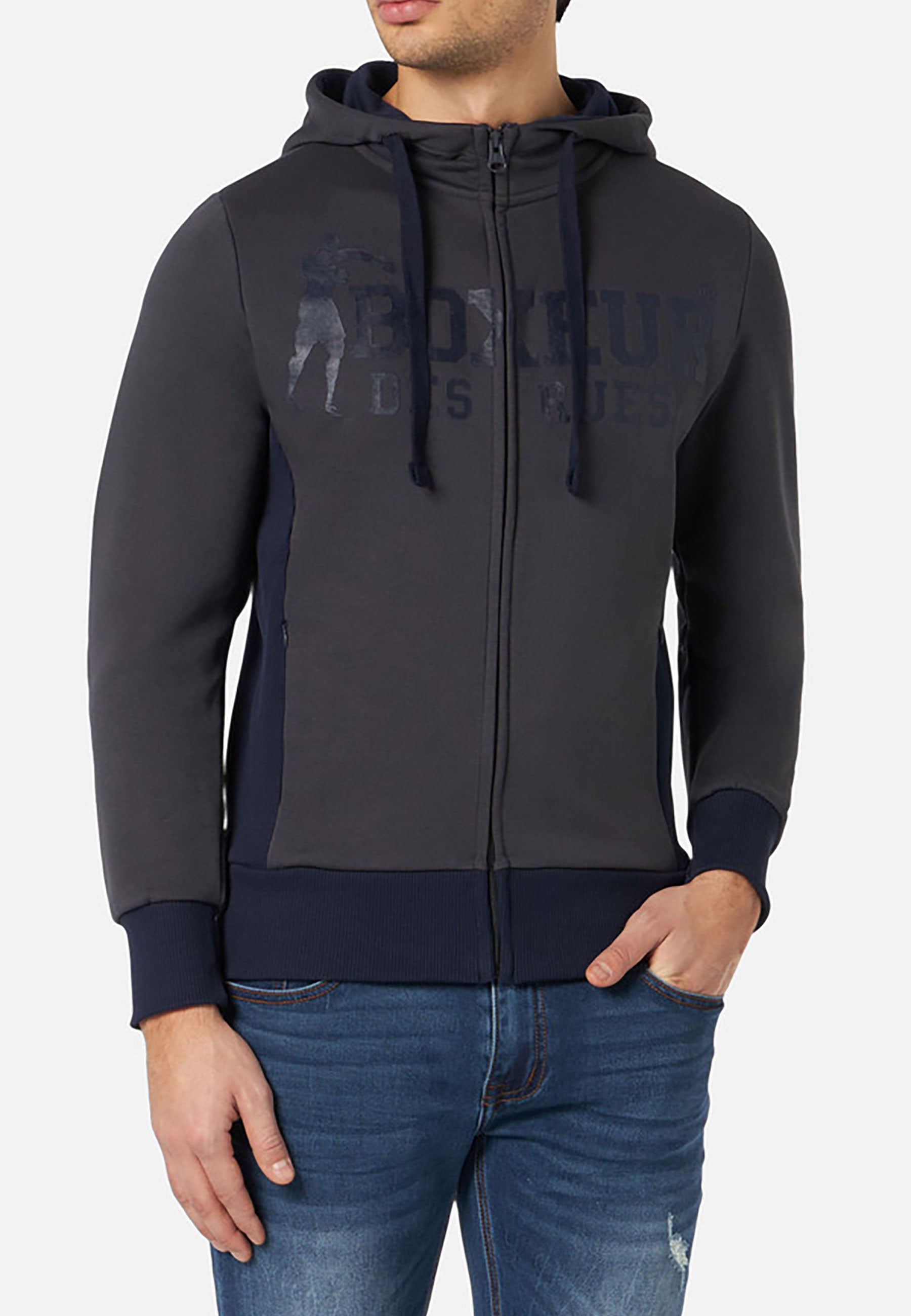 Hooded Full Zip Sweatshirt in Anthracite-Navy Sweatjacken Boxeur des Rues   