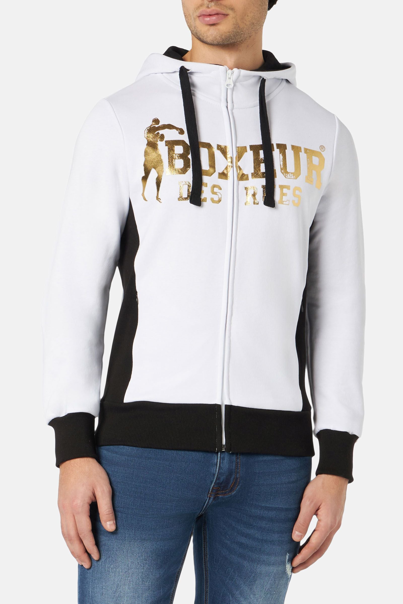 Hooded Full Zip Sweatshirt in White-Gold Cardigan Boxeur des Rues   