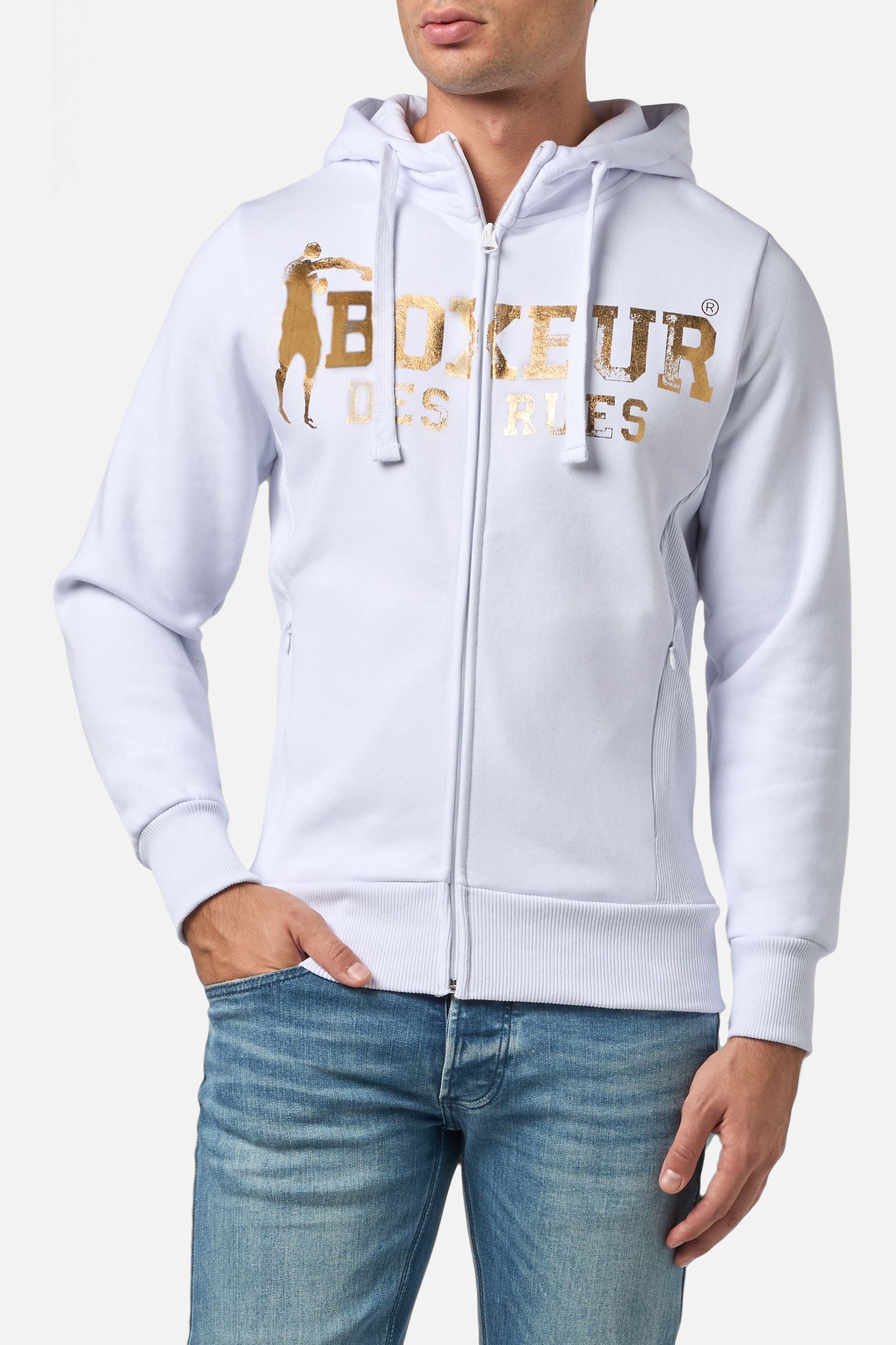 Hooded Full Zip Sweatshirt in White Sweatjacken Boxeur des Rues