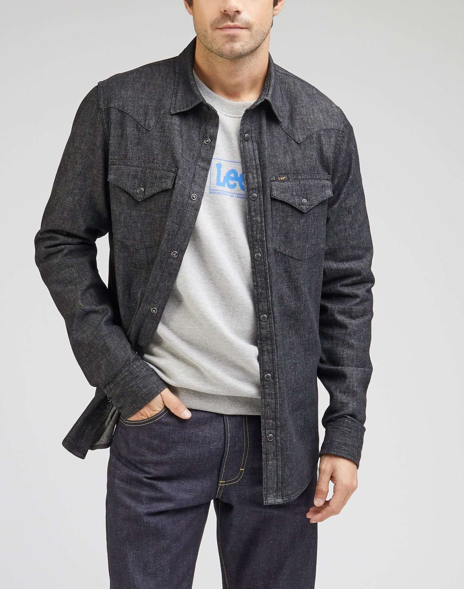 Regular Western Shirt in Washed Black Jeanshemden Lee