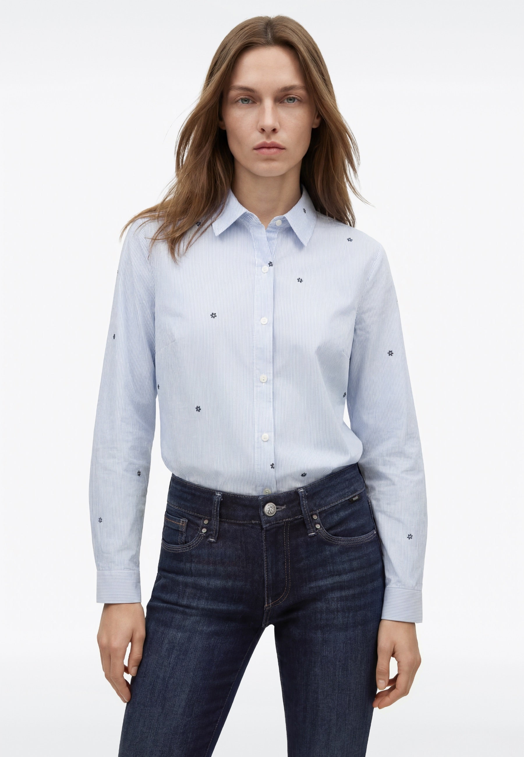 Long Sleeve Woven Shirt in Oxford Striped Small Daisy Print Hemden Mavi