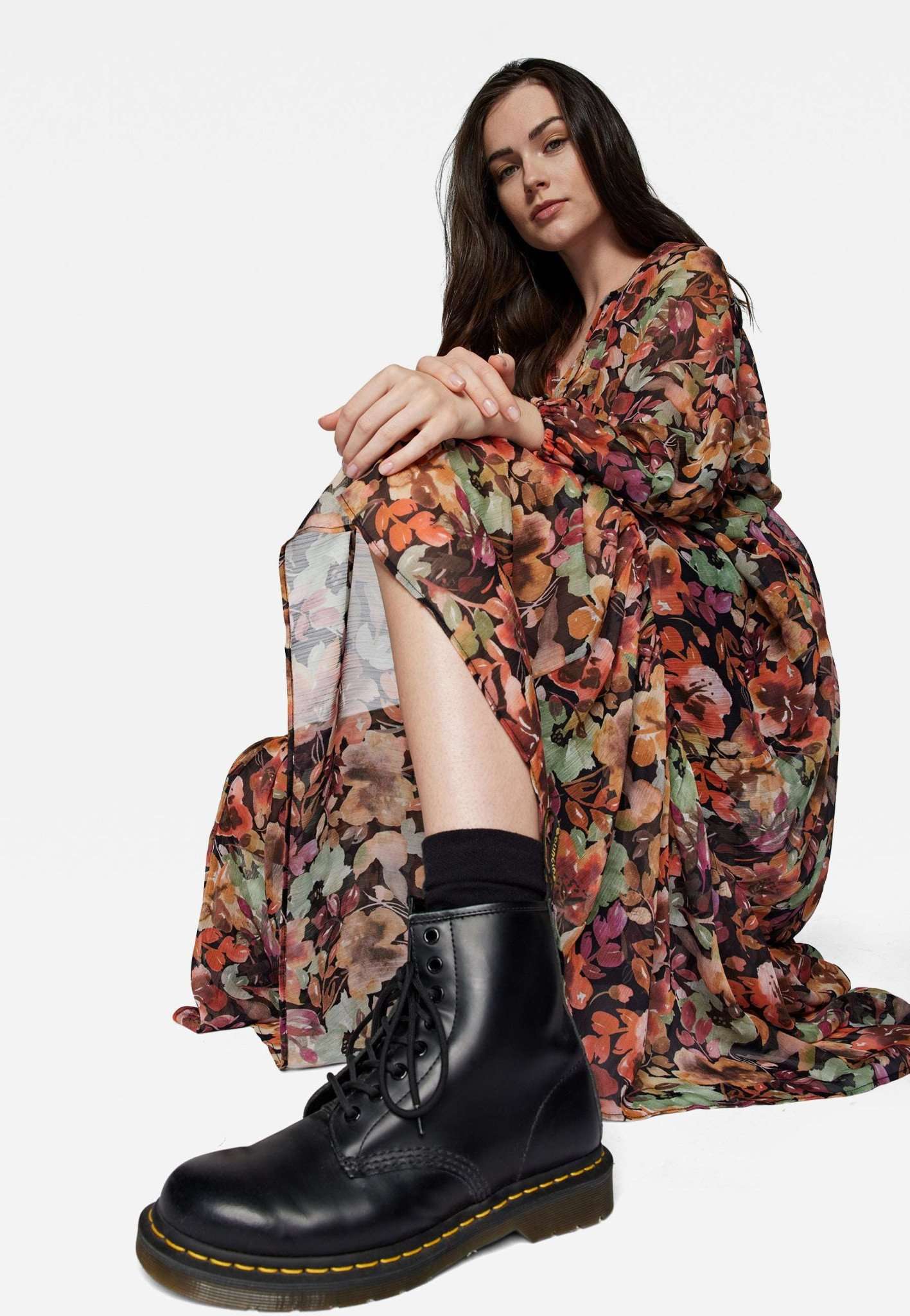 Long Dress in Black Watercolor Print Kleider Mavi