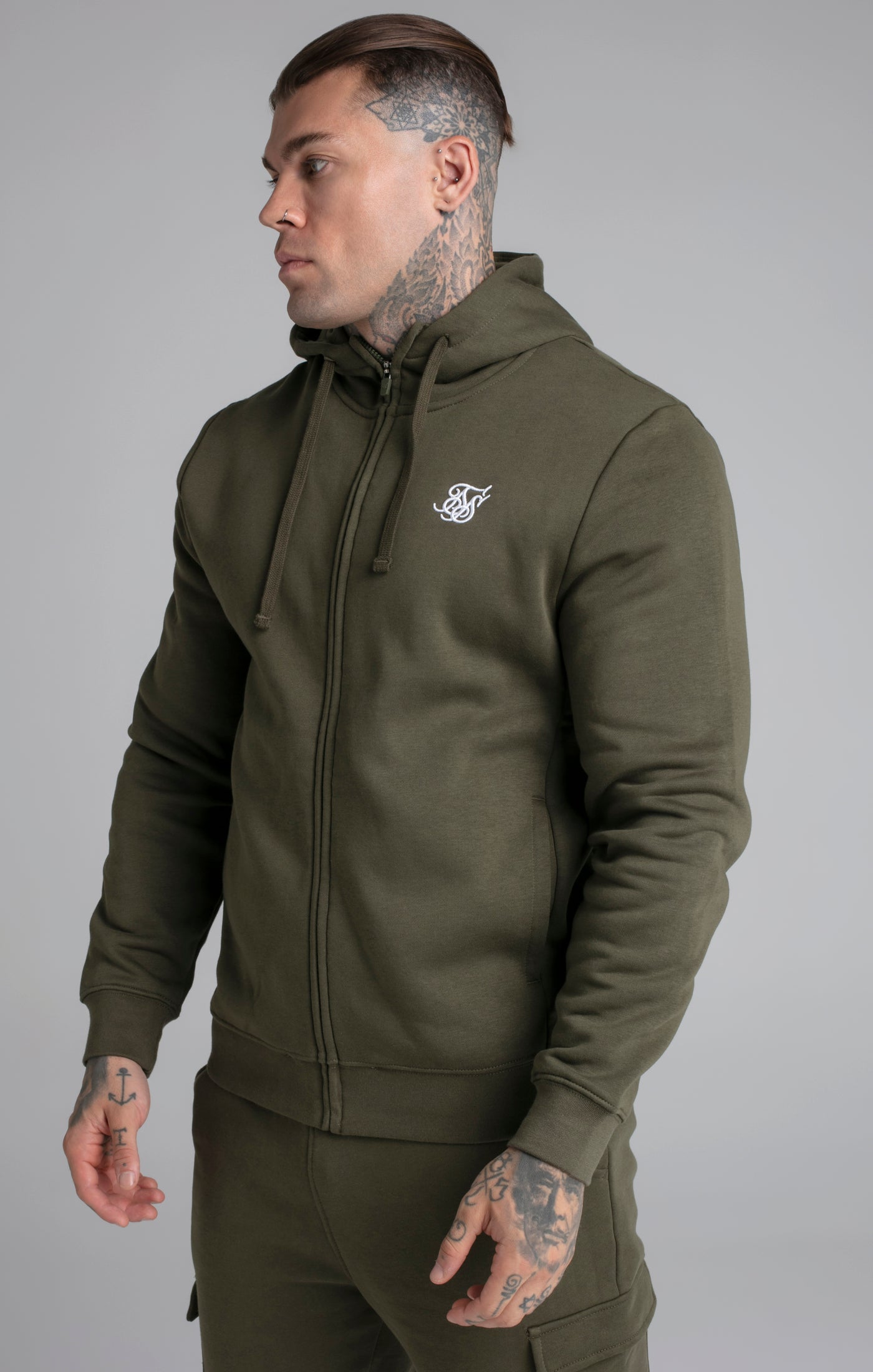 Essential Zip Through Funnel Hoodie in Khaki Kapuzenpullover SikSilk   