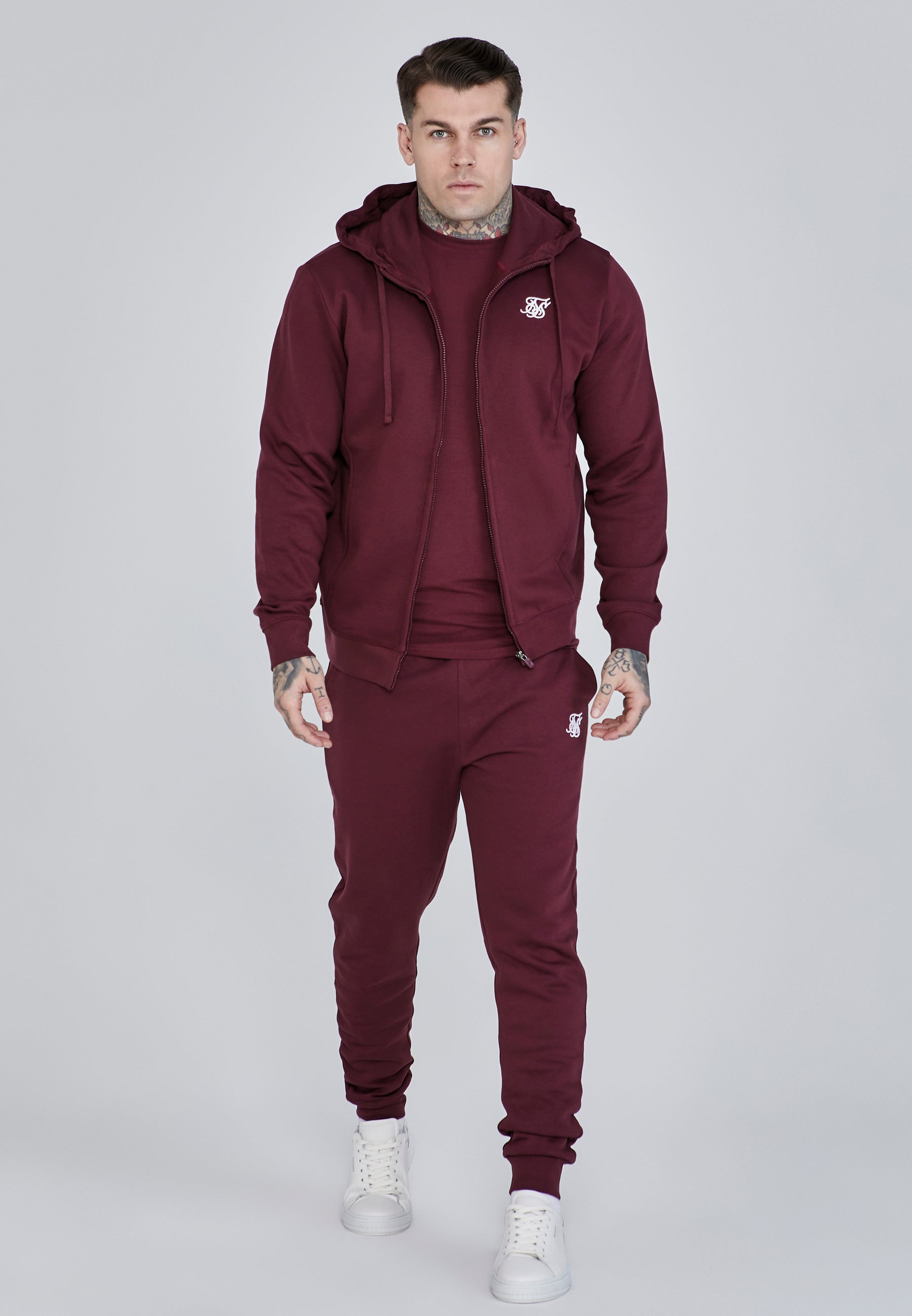 Essentials Full Zip Hoodie in Burgundy Sweatjacken SikSilk