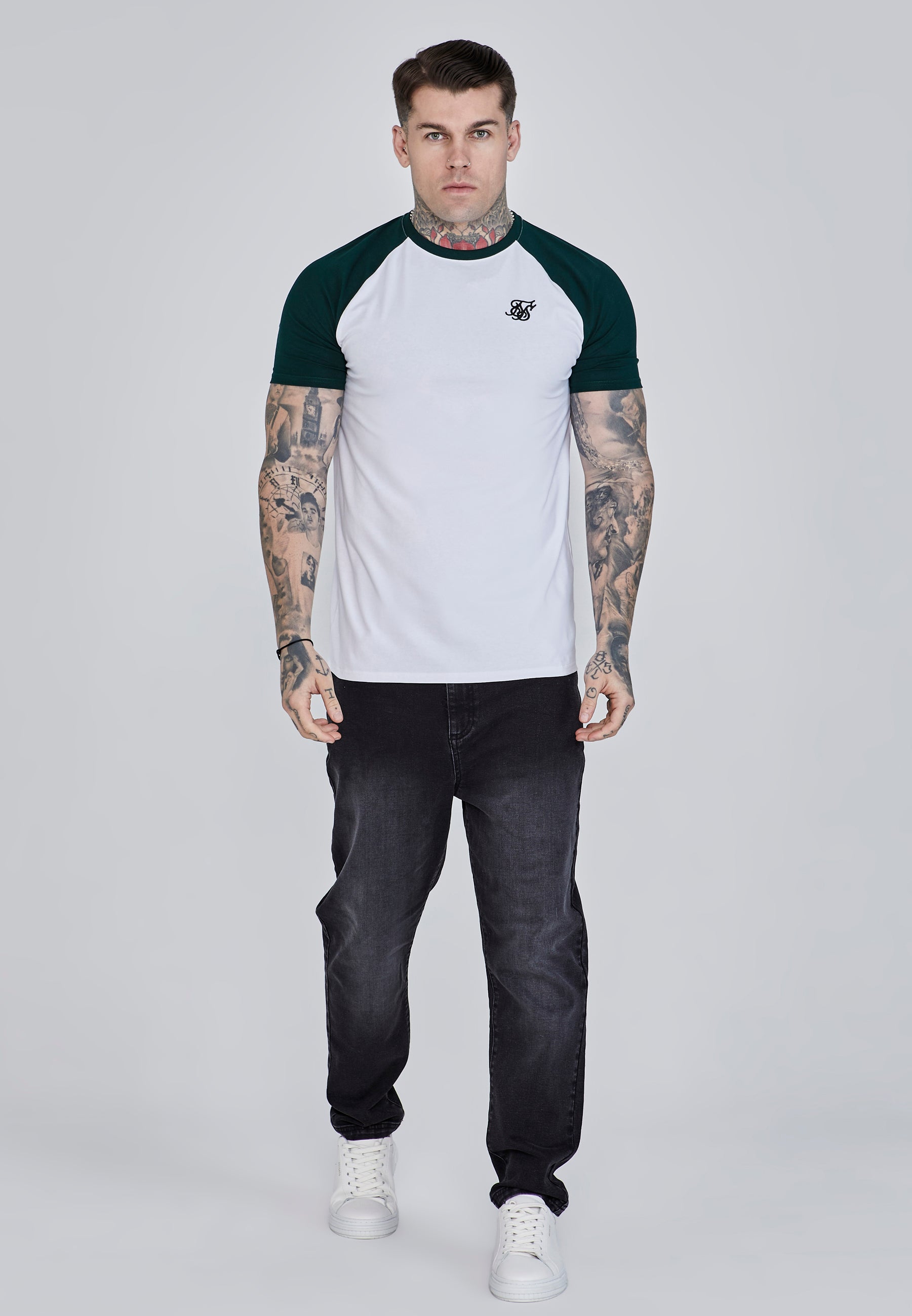 Raglan T-Shirt in White, Green T-Shirts SikSilk