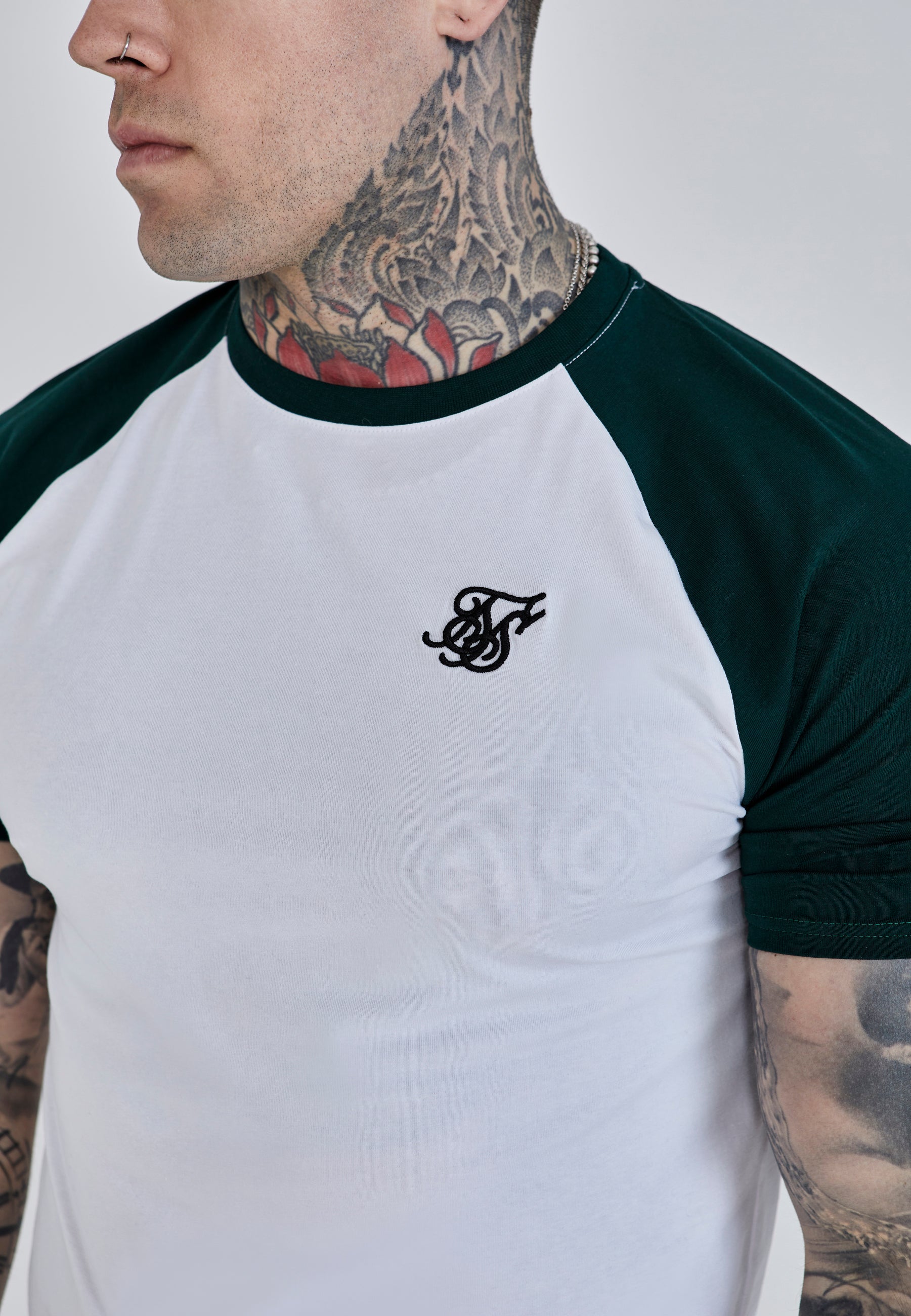 Raglan T-Shirt in White, Green T-Shirts SikSilk