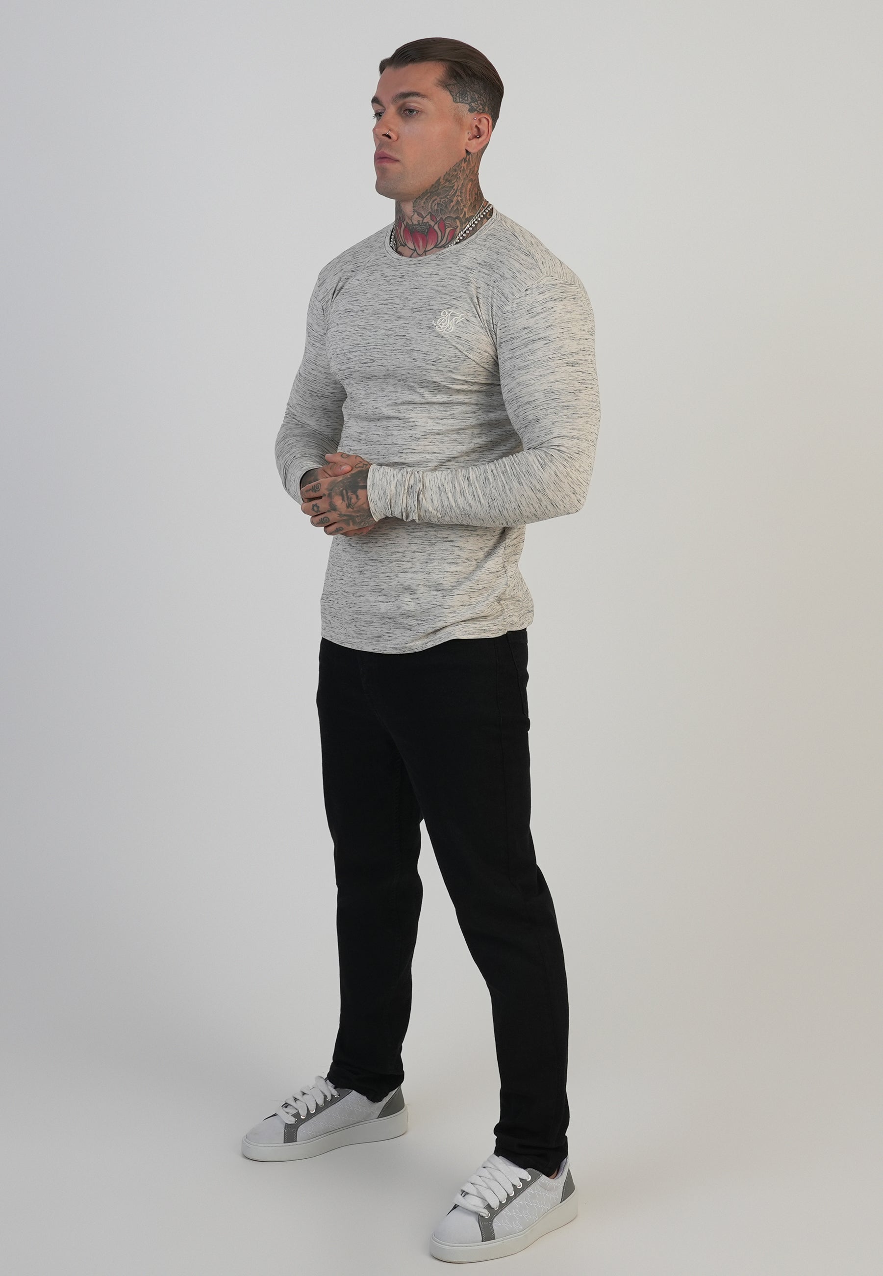 Long Sleeve Marl T-Shirt in White T-Shirts SikSilk