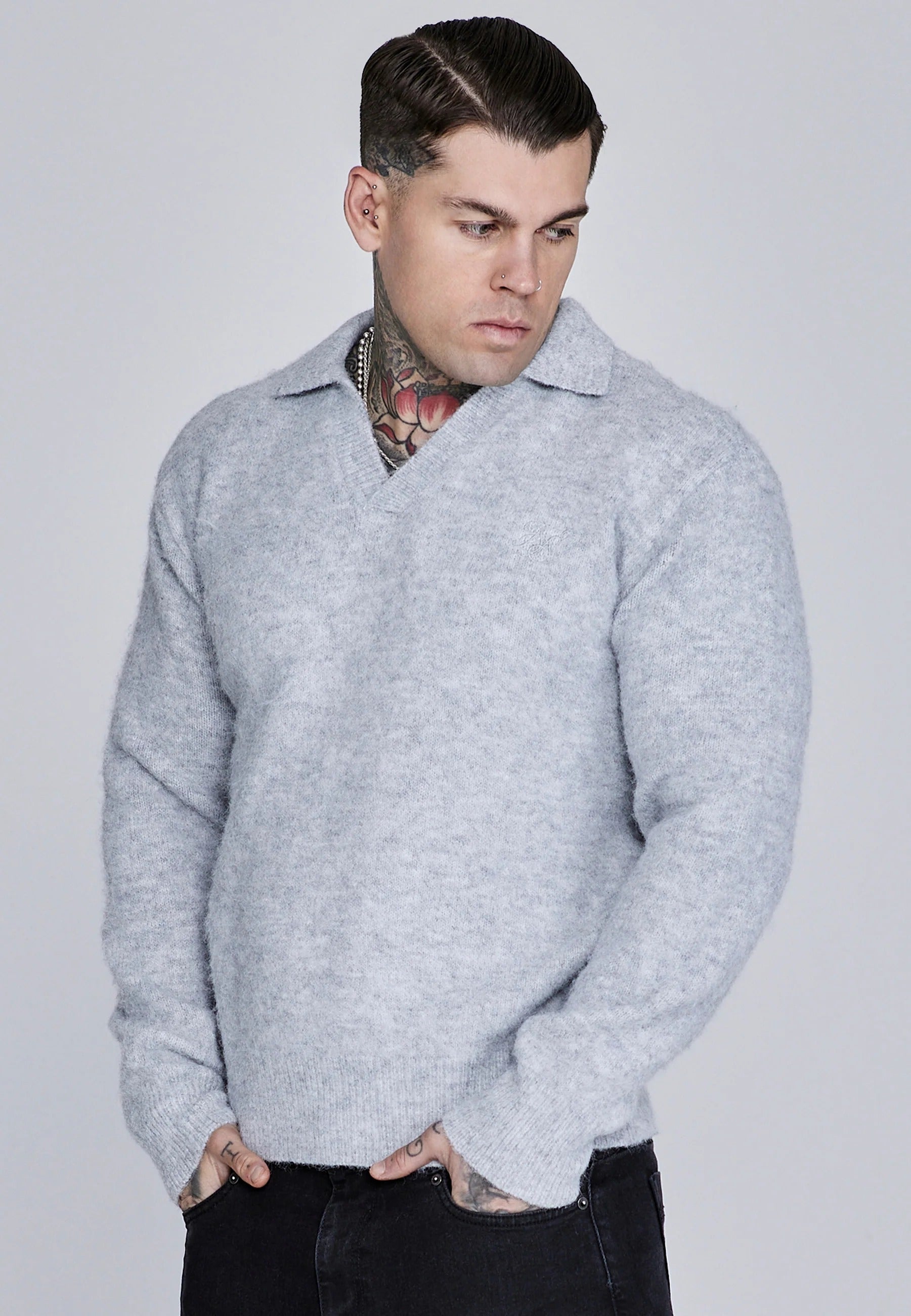 Knitted Polo Sweater in Grey
