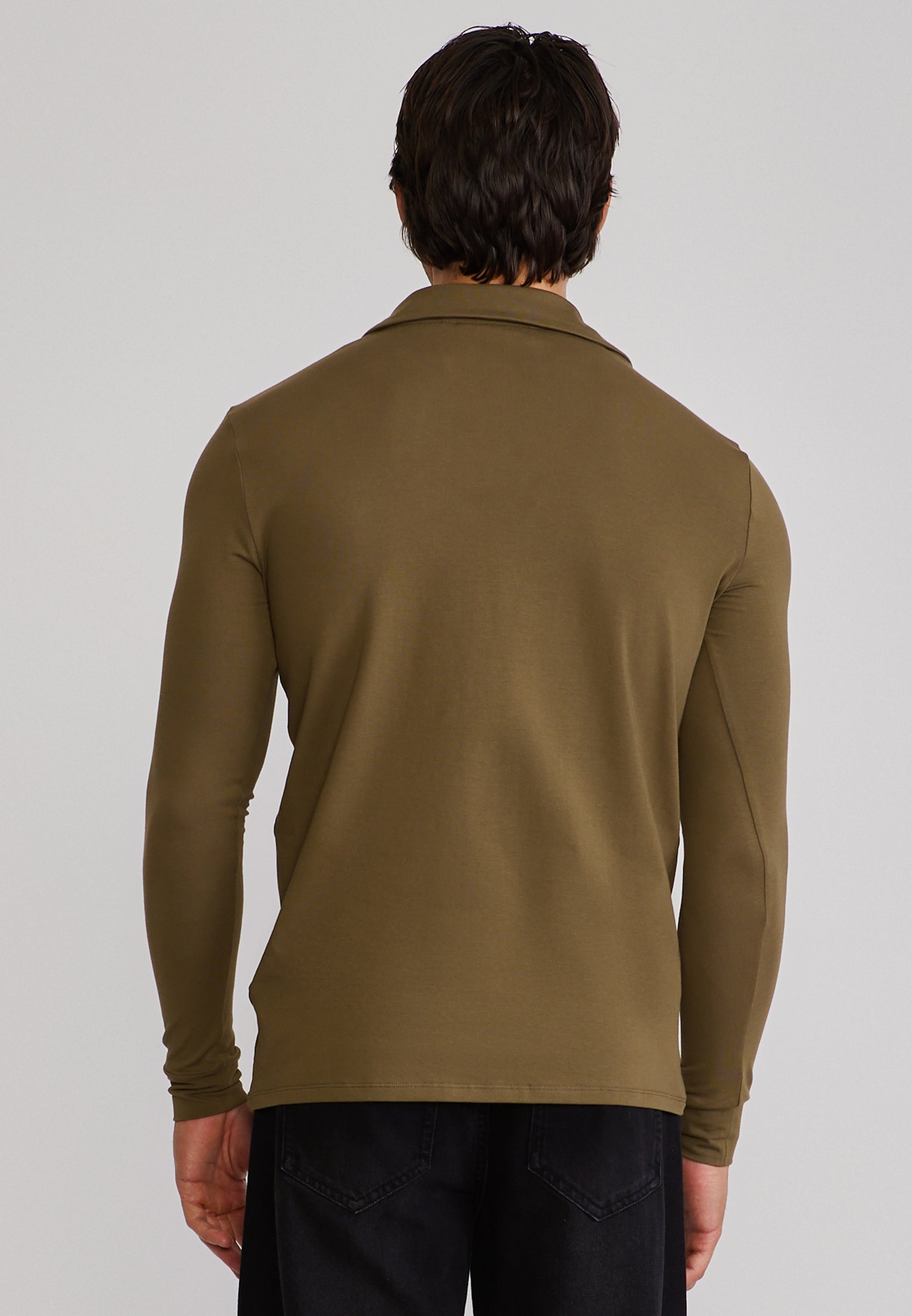 Longlseeved Revere Polo in Khaki Green T-Shirts SikSilk