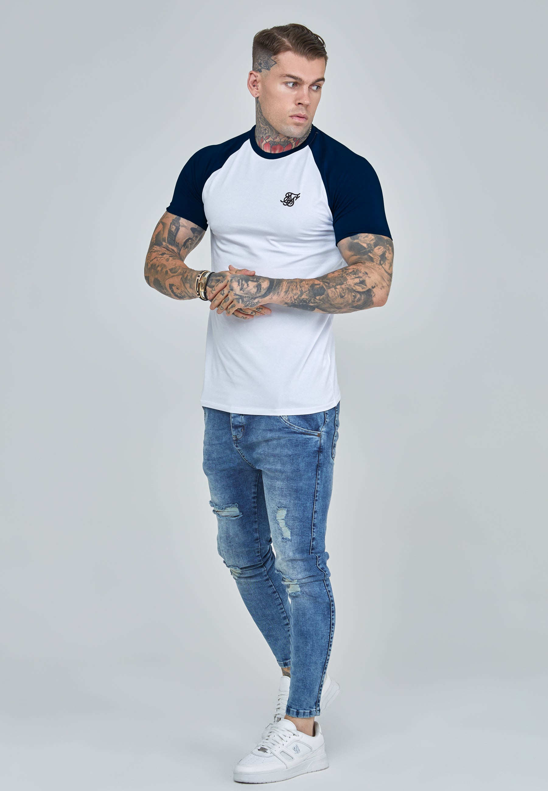 Raglan T-Shirt in White-Navy T-Shirts SikSilk