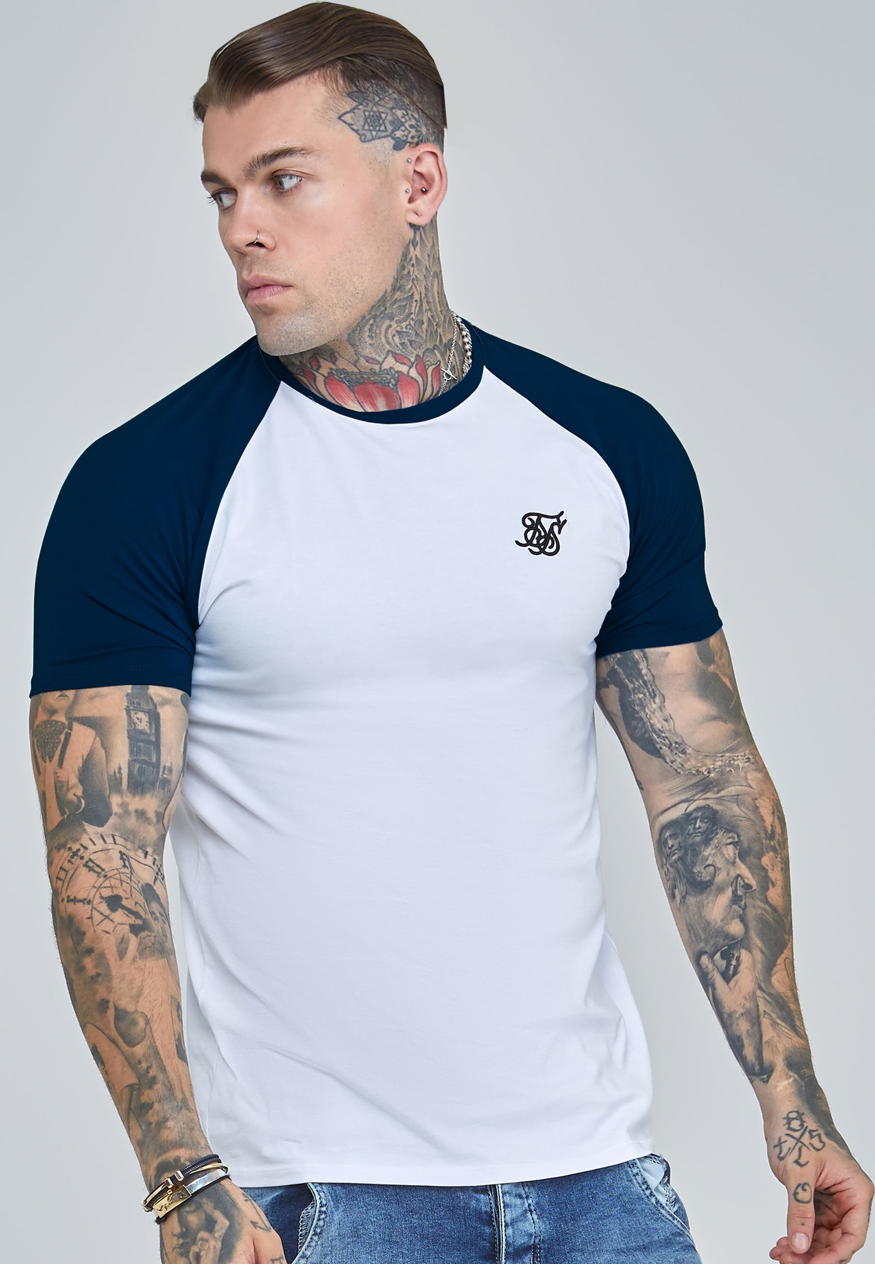 Raglan T-Shirt in White-Navy T-Shirts SikSilk