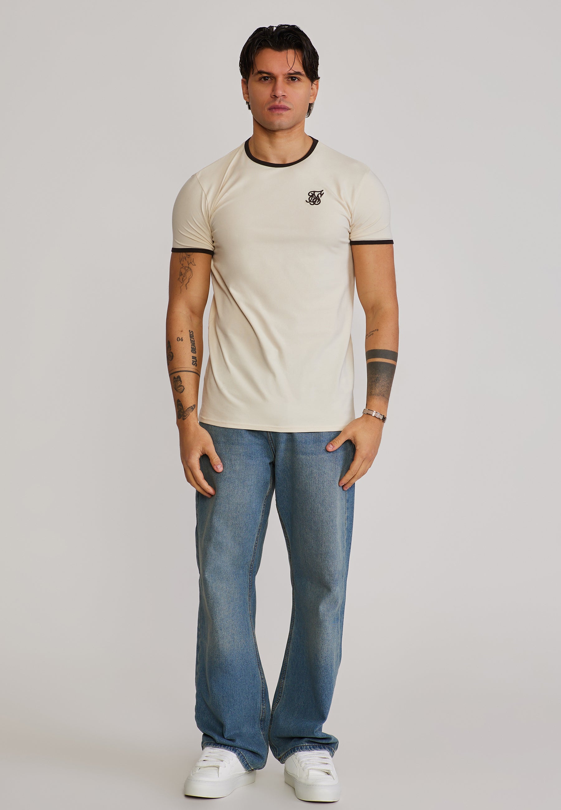 Ringer T-Shirt in Ecru-Brown T-Shirts SikSilk