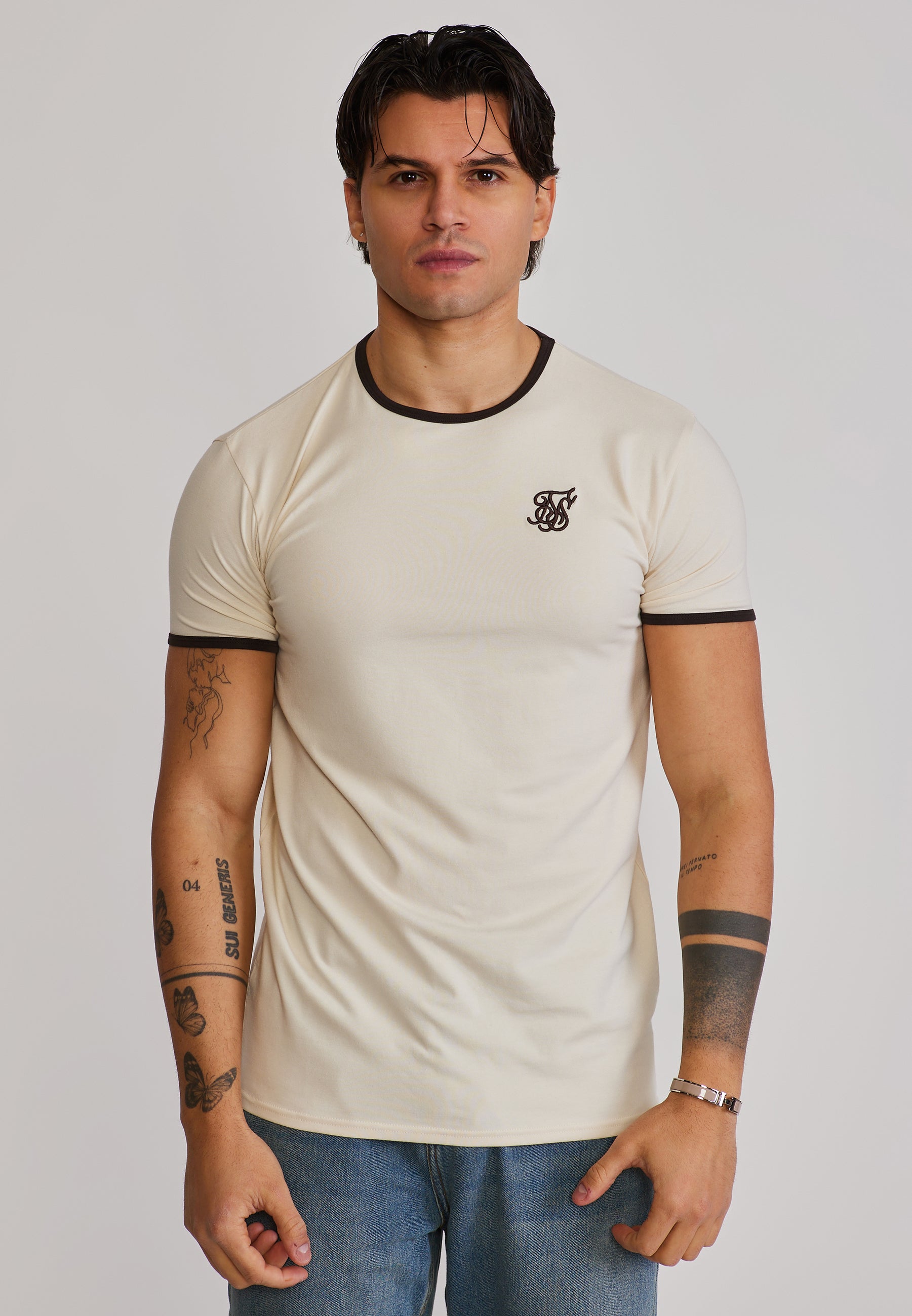 Ringer T-Shirt in Ecru-Brown T-Shirts SikSilk
