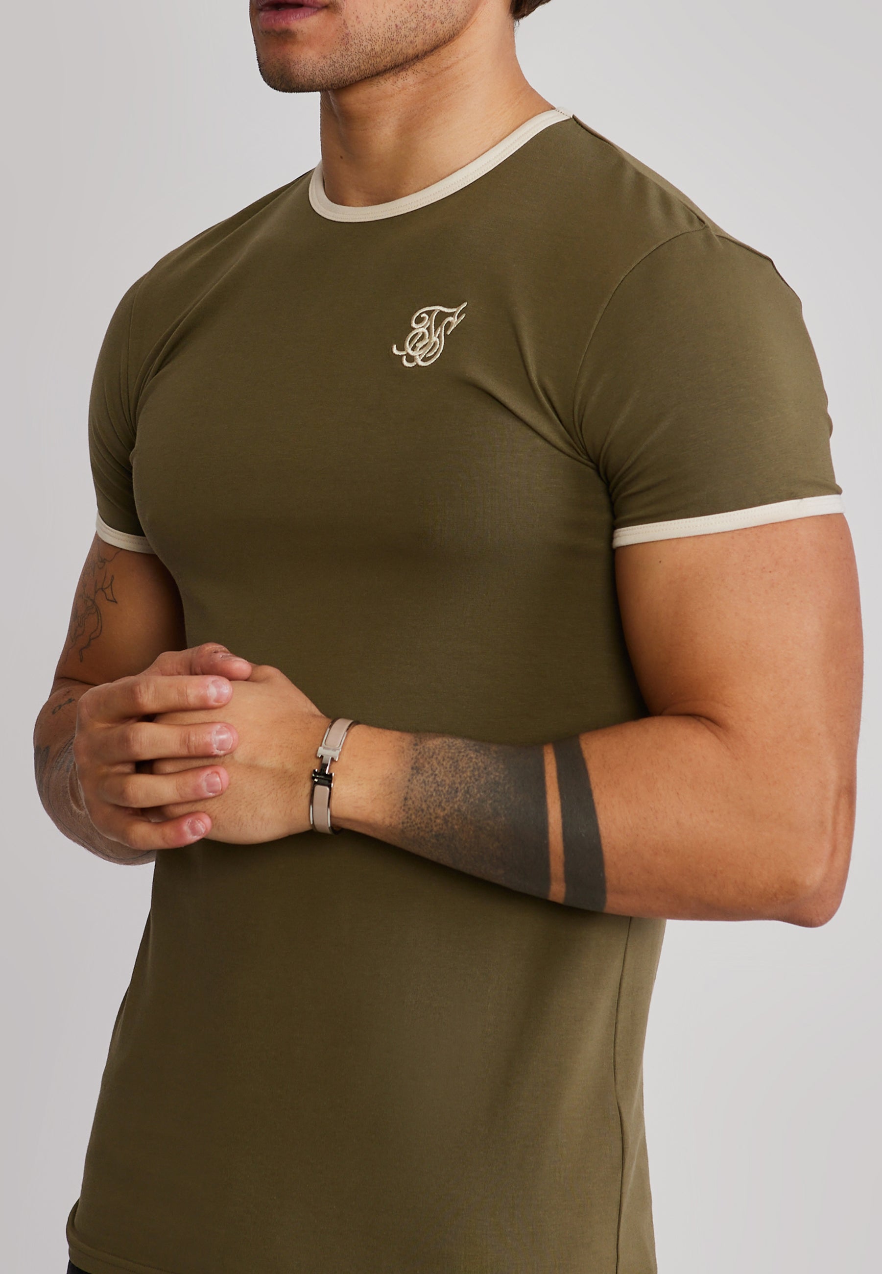 Ringer T-Shirt in Khaki Green-Ecru T-Shirts SikSilk