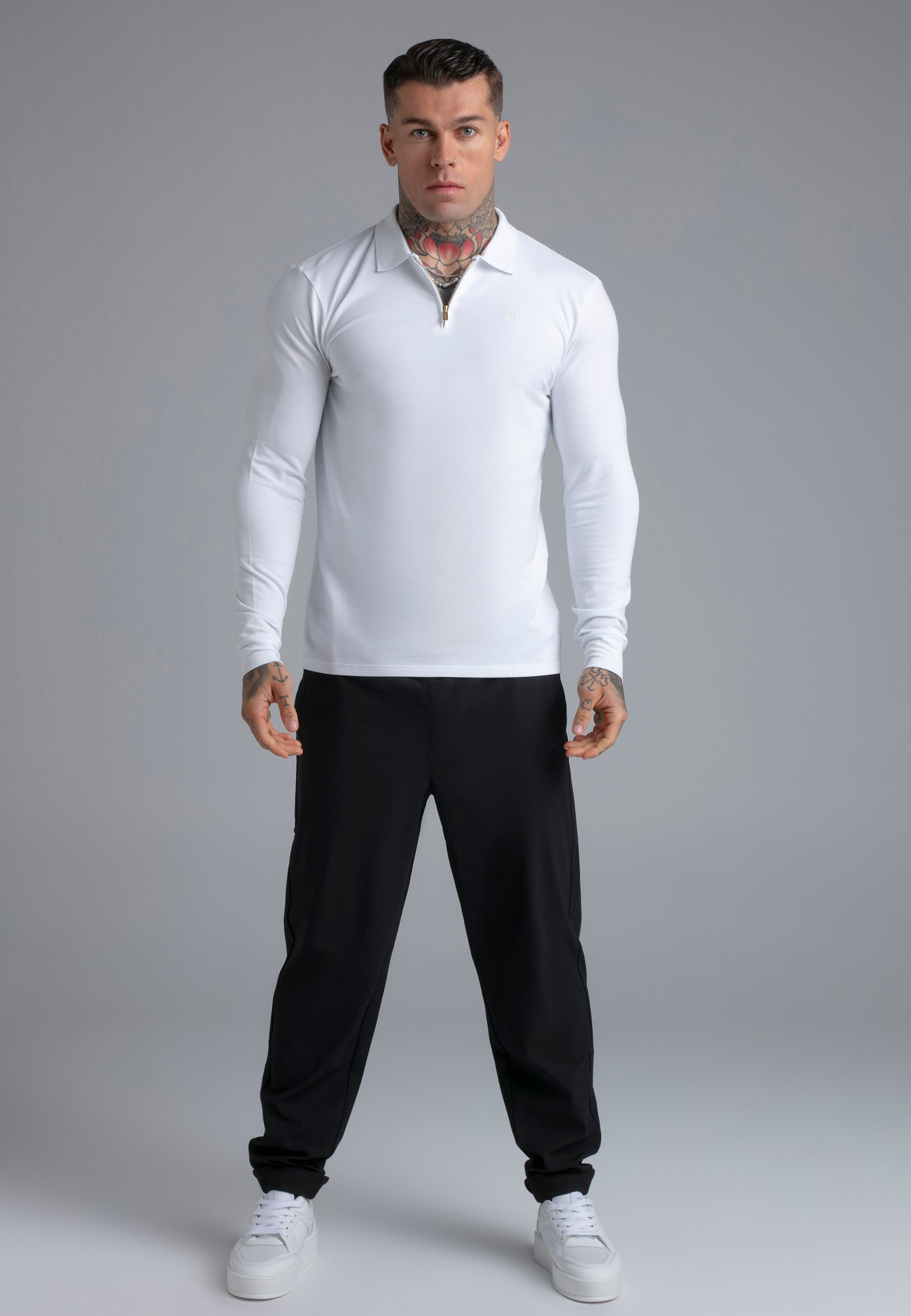 Longsleeved Zip Polo T-Shirt in White T-Shirts SikSilk