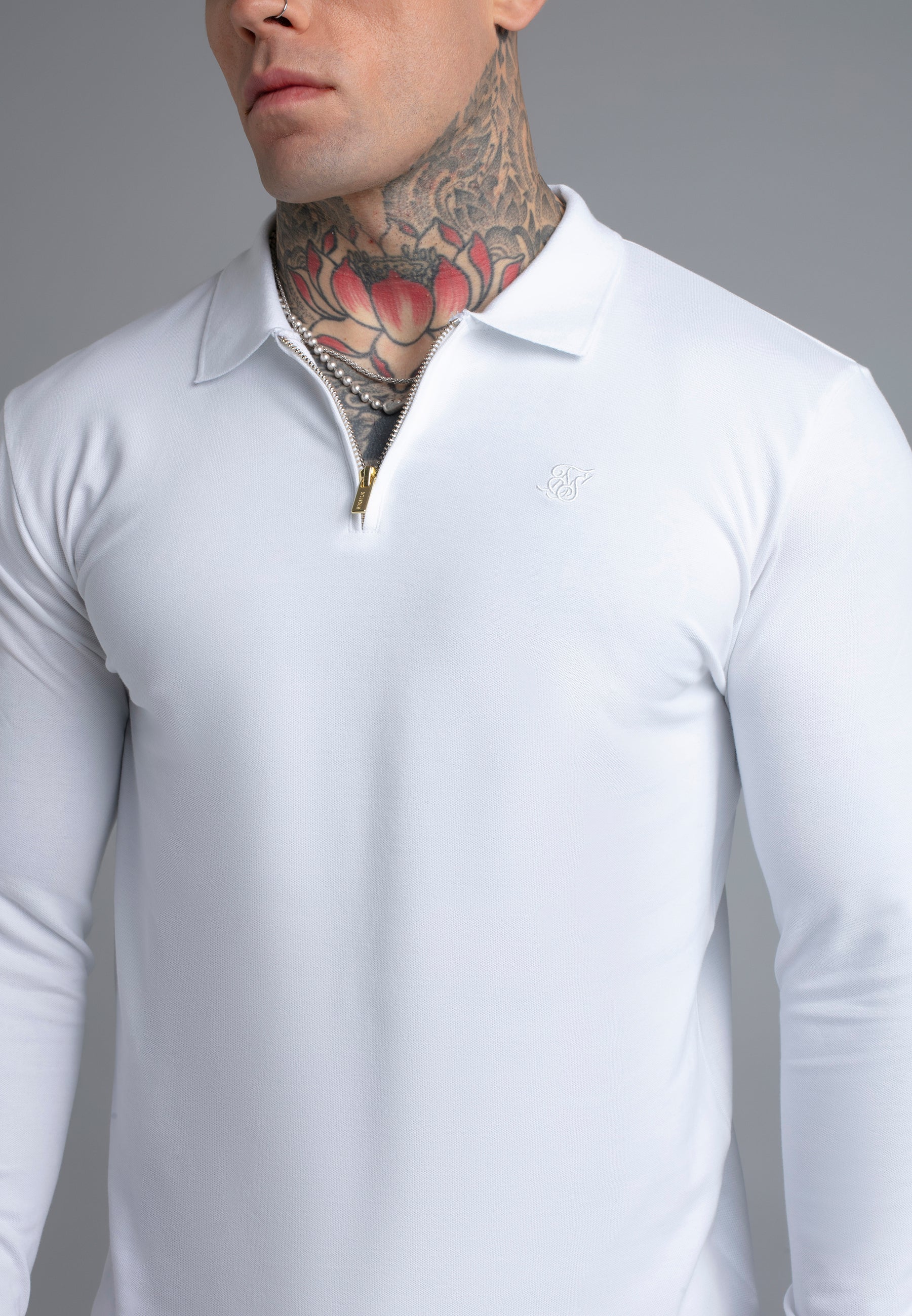 Longsleeved Zip Polo T-Shirt in White T-Shirts SikSilk