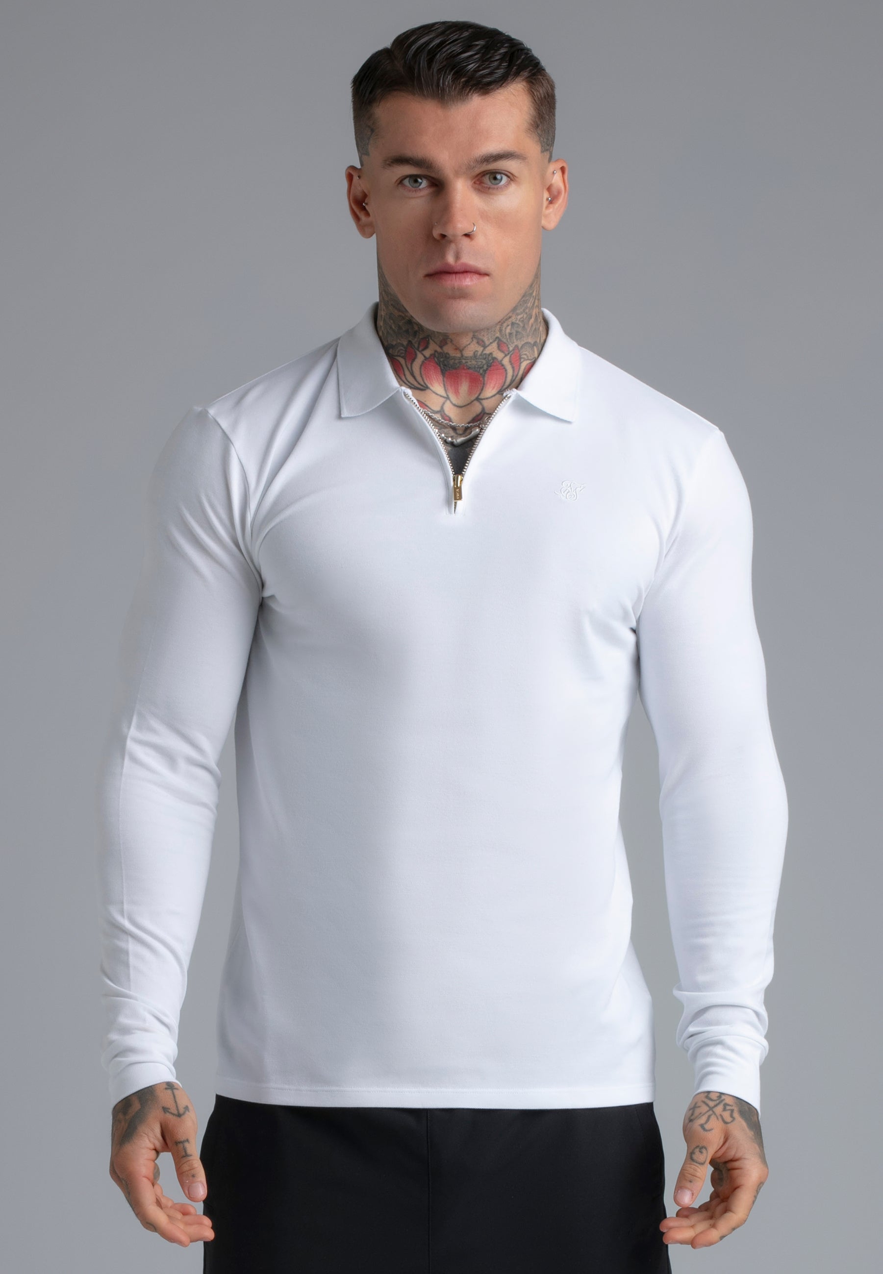 Longsleeved Zip Polo T-Shirt in White T-Shirts SikSilk