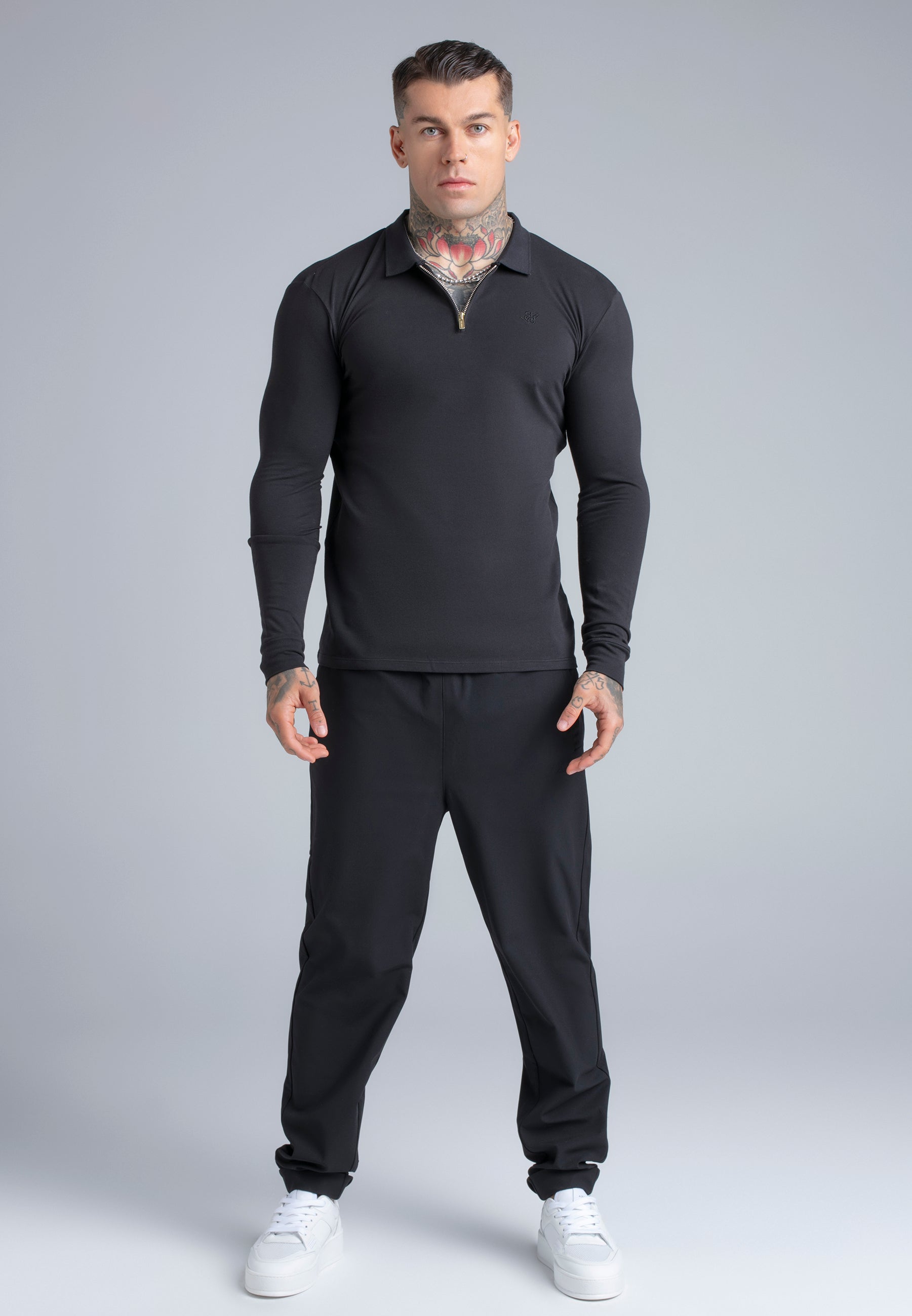 Longsleeved Zip Polo T-Shirt in Black T-Shirts SikSilk