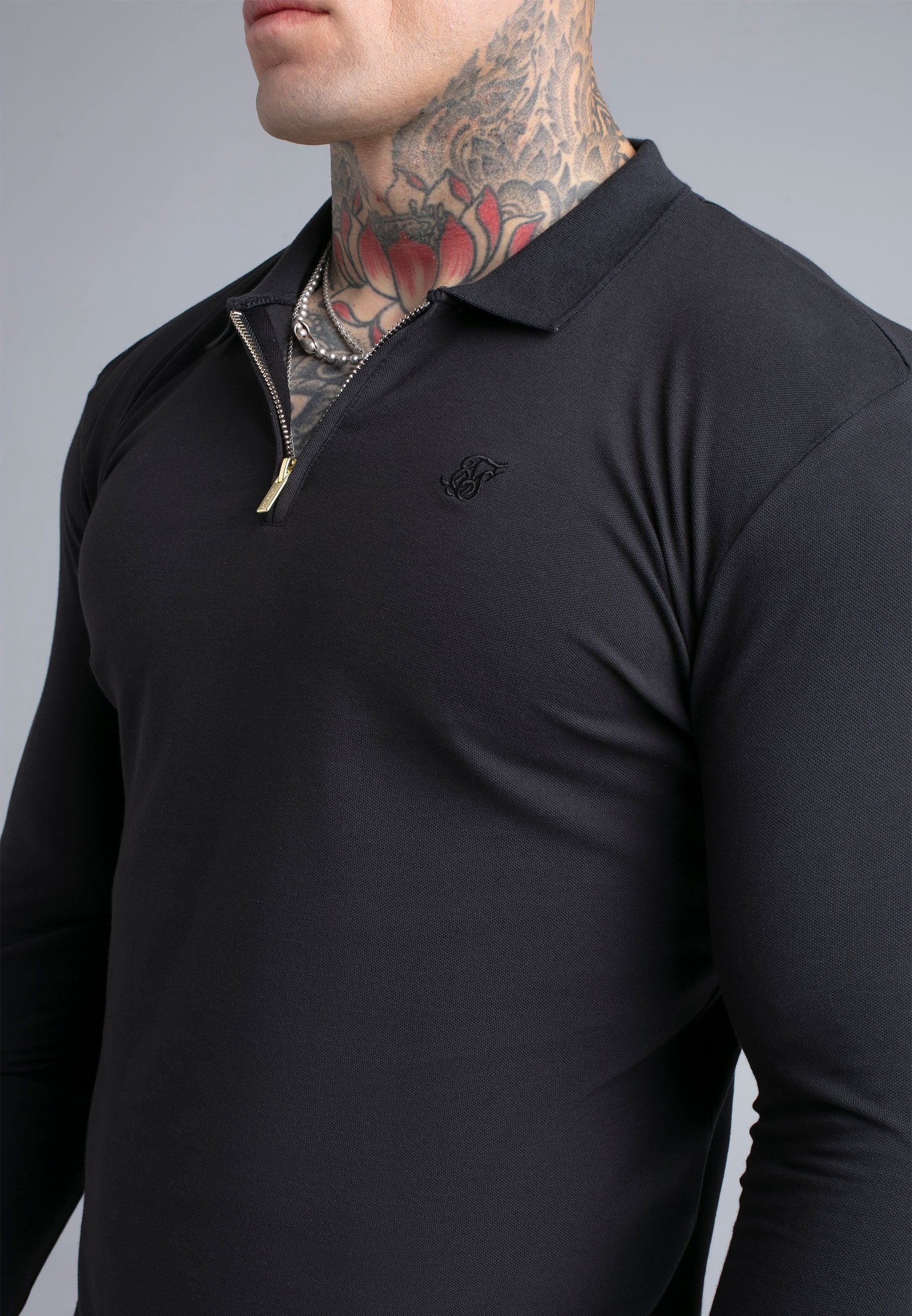 Longsleeved Zip Polo T-Shirt in Black T-Shirts SikSilk
