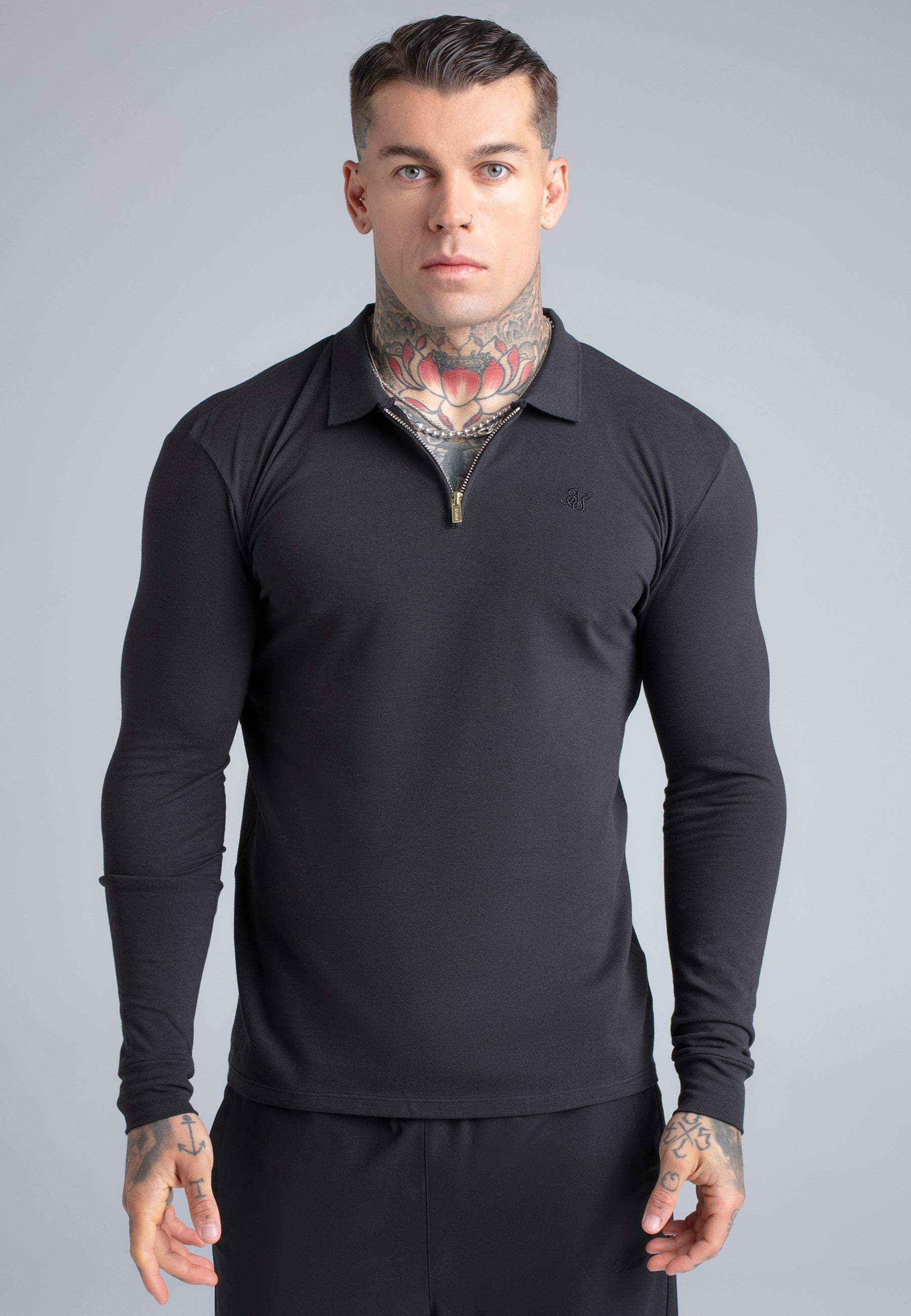 Longsleeved Zip Polo T-Shirt in Black T-Shirts SikSilk