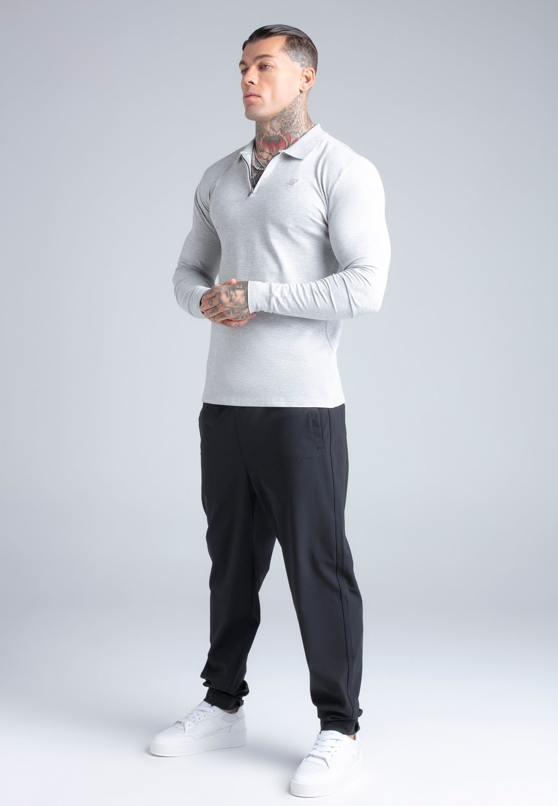 Longsleeved Zip Polo T-Shirt in Grey Marl T-Shirts SikSilk