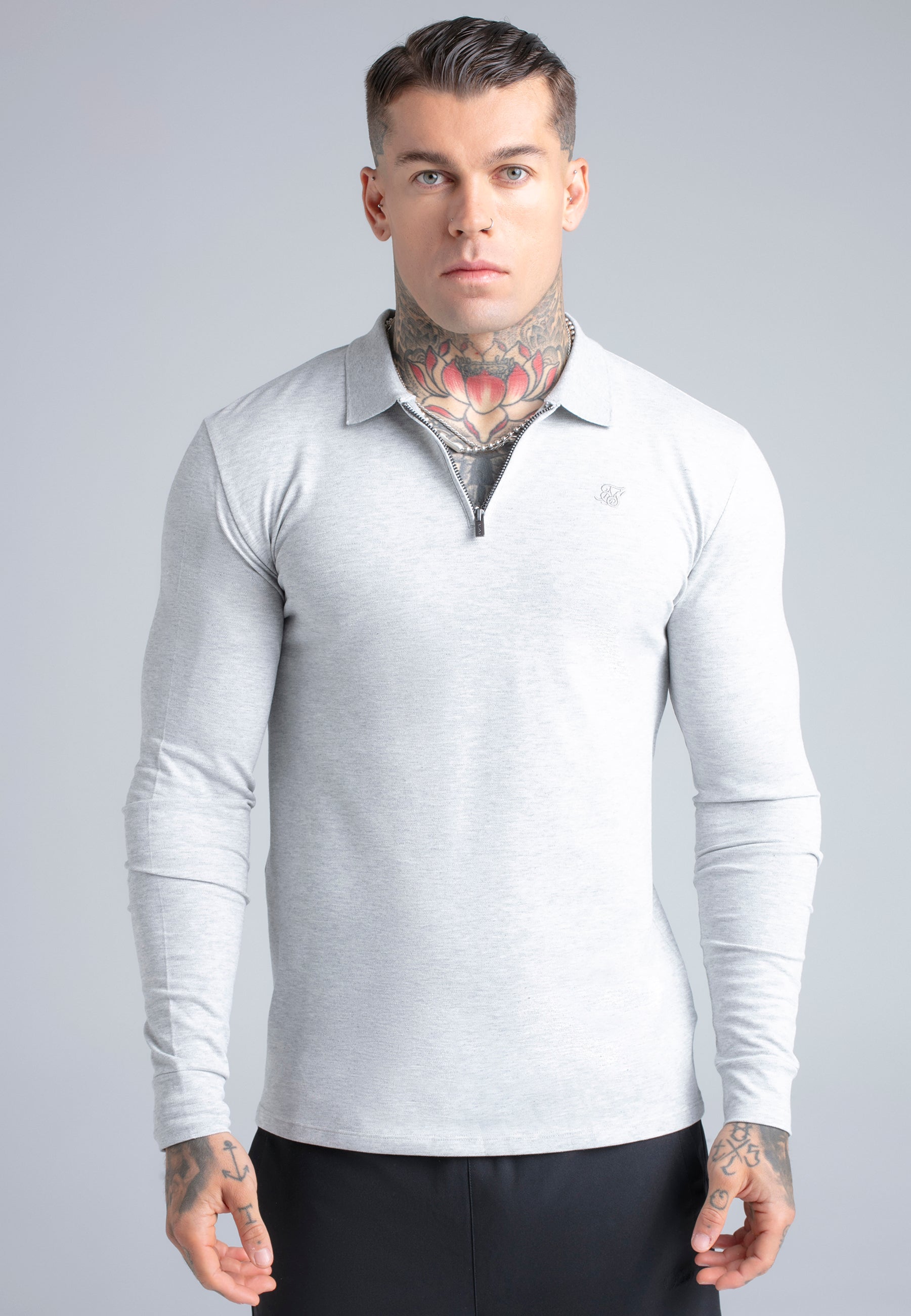 Longsleeved Zip Polo T-Shirt in Grey Marl T-Shirts SikSilk