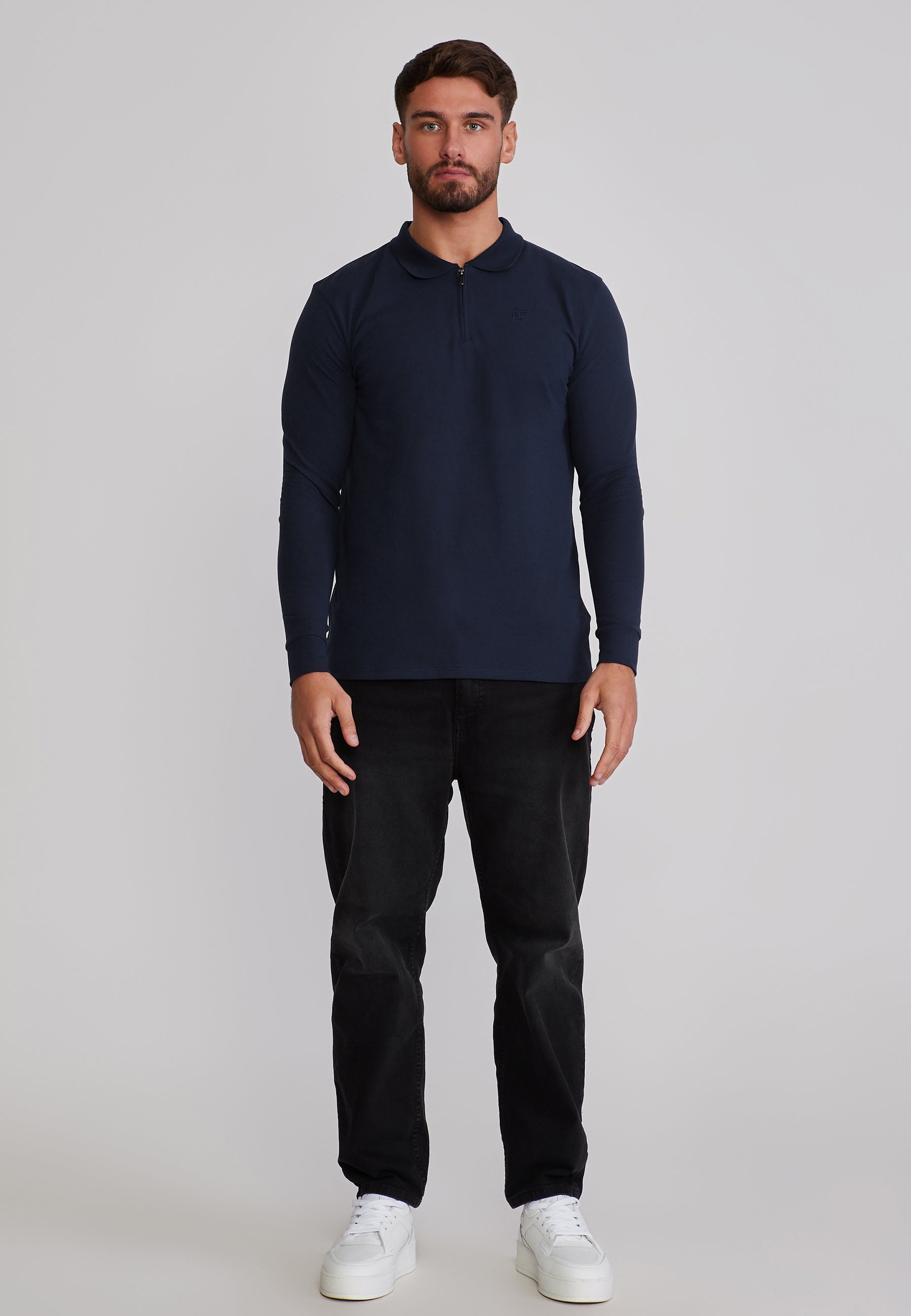 Langarmpolo Zip Polo in Navy T-Shirts SikSilk