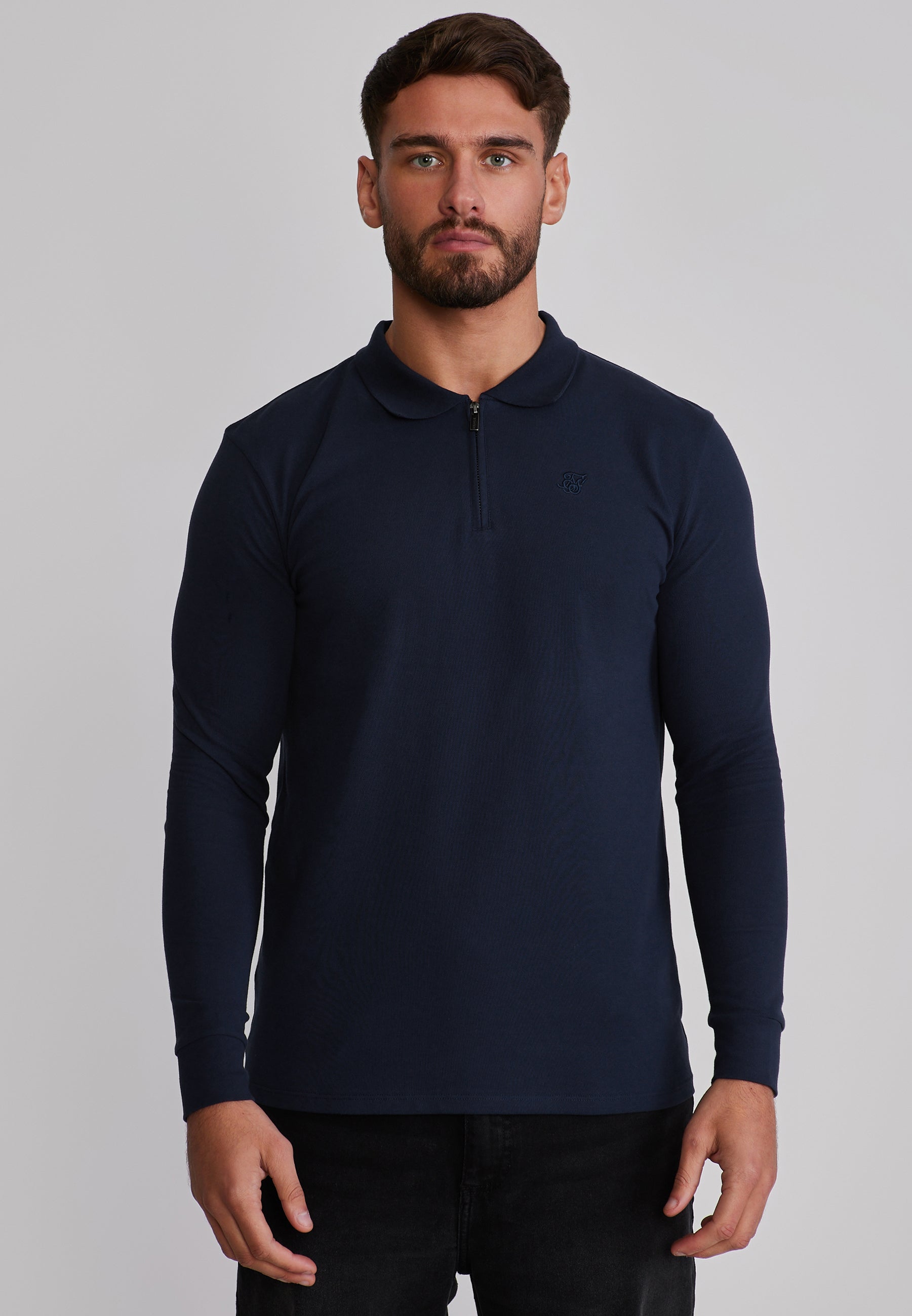 Langarmpolo Zip Polo in Navy T-Shirts SikSilk