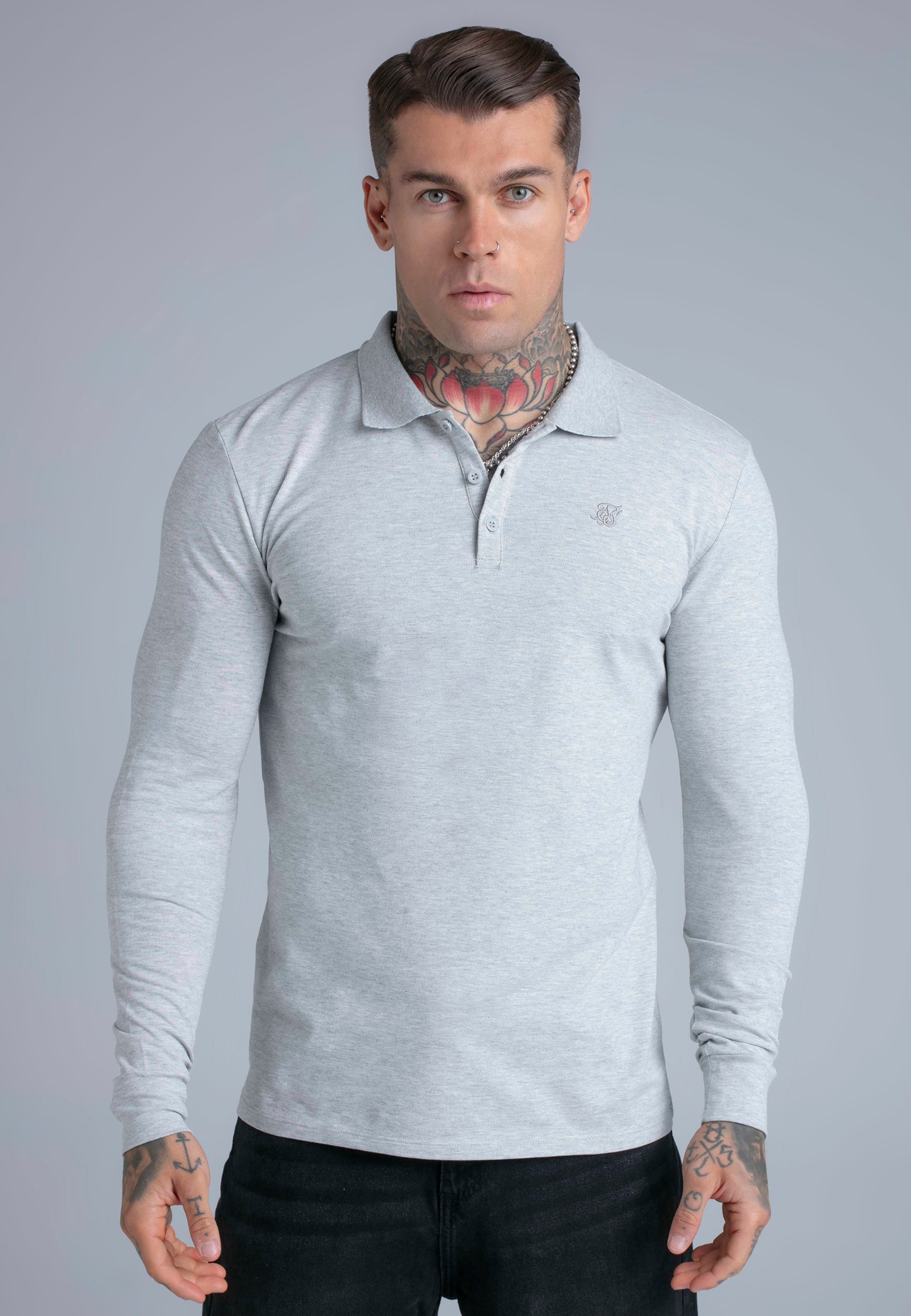 Langarmpolo Button in Grey Marl T-Shirts SikSilk