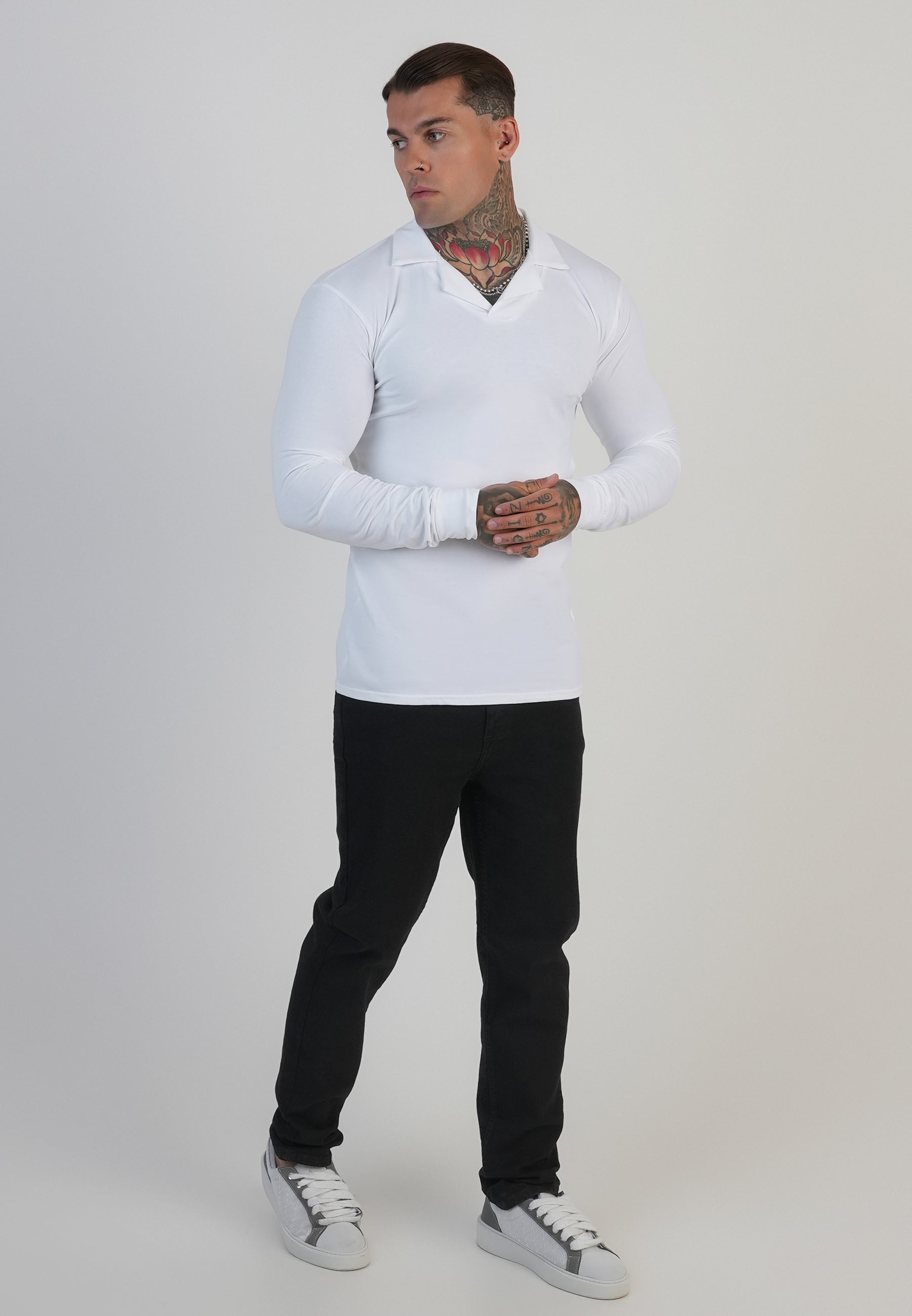 Longlseeved Revere Polo in White T-Shirts SikSilk