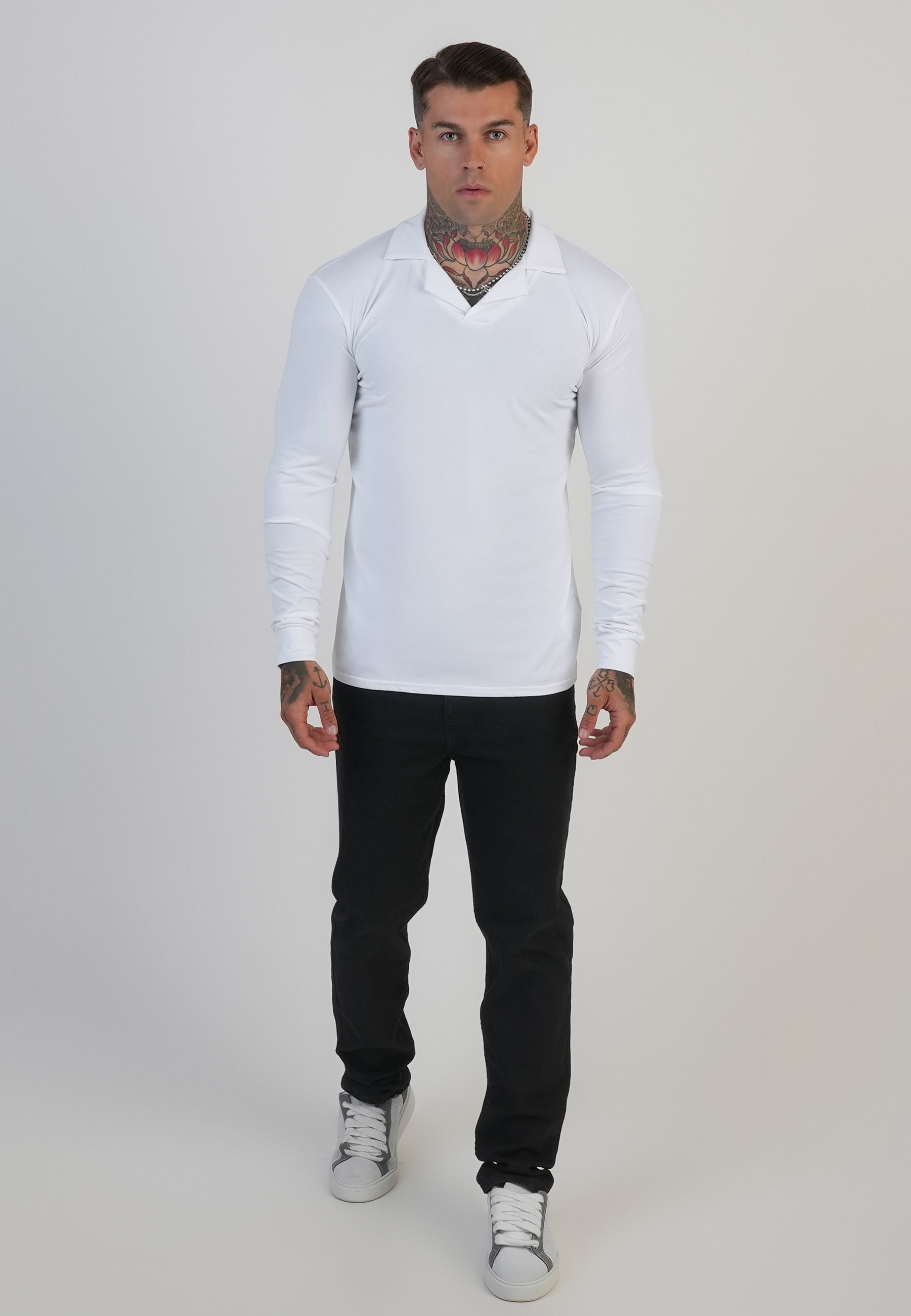 Longlseeved Revere Polo in White T-Shirts SikSilk