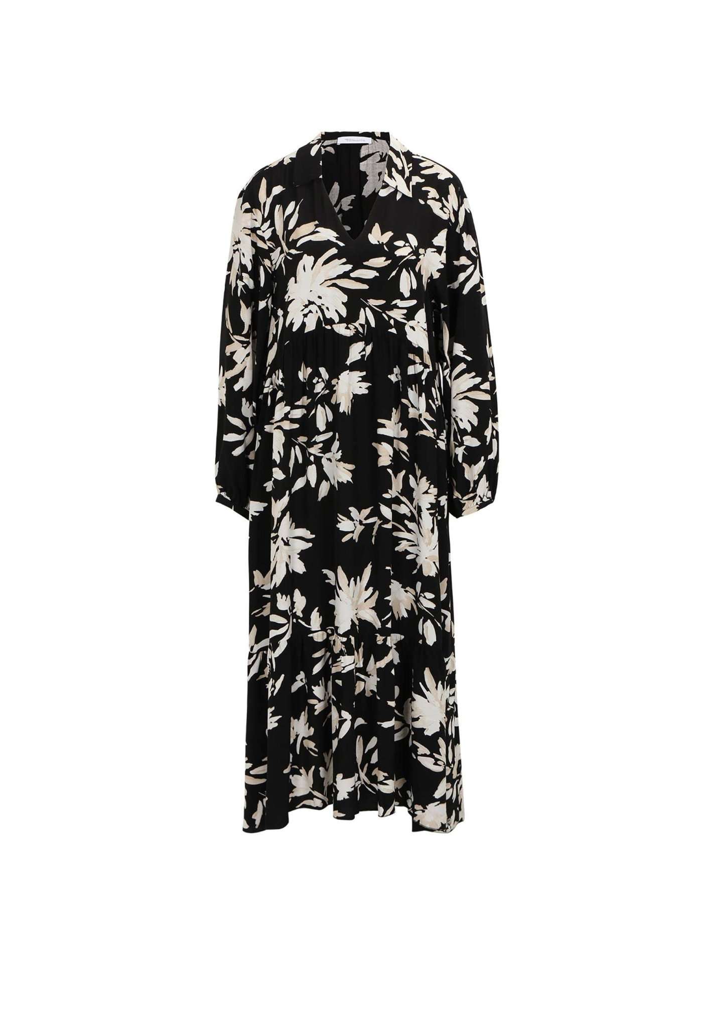 Auburn Aop Long Trapes Collar Dress in Black Flower AOP Kleider Tamaris