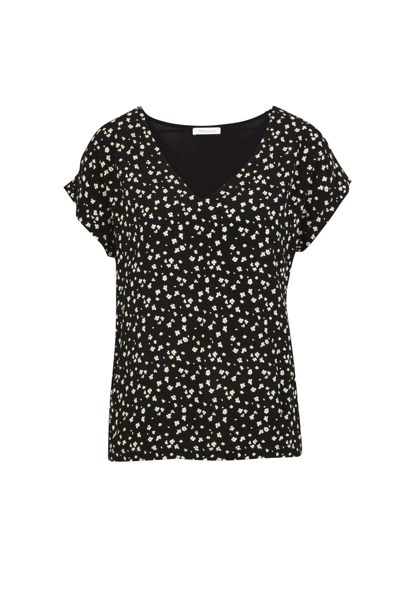 Alicante Aop Drop Shoulder V-Neck Tee in Black Beauty Flower AOP T-Shirts Tamaris