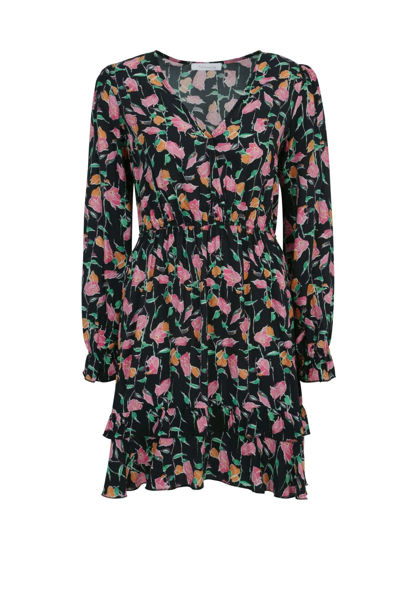 Amavida Aop Short Boho Dress in Black Beauty Multicolor Flower AOP Kleider Tamaris