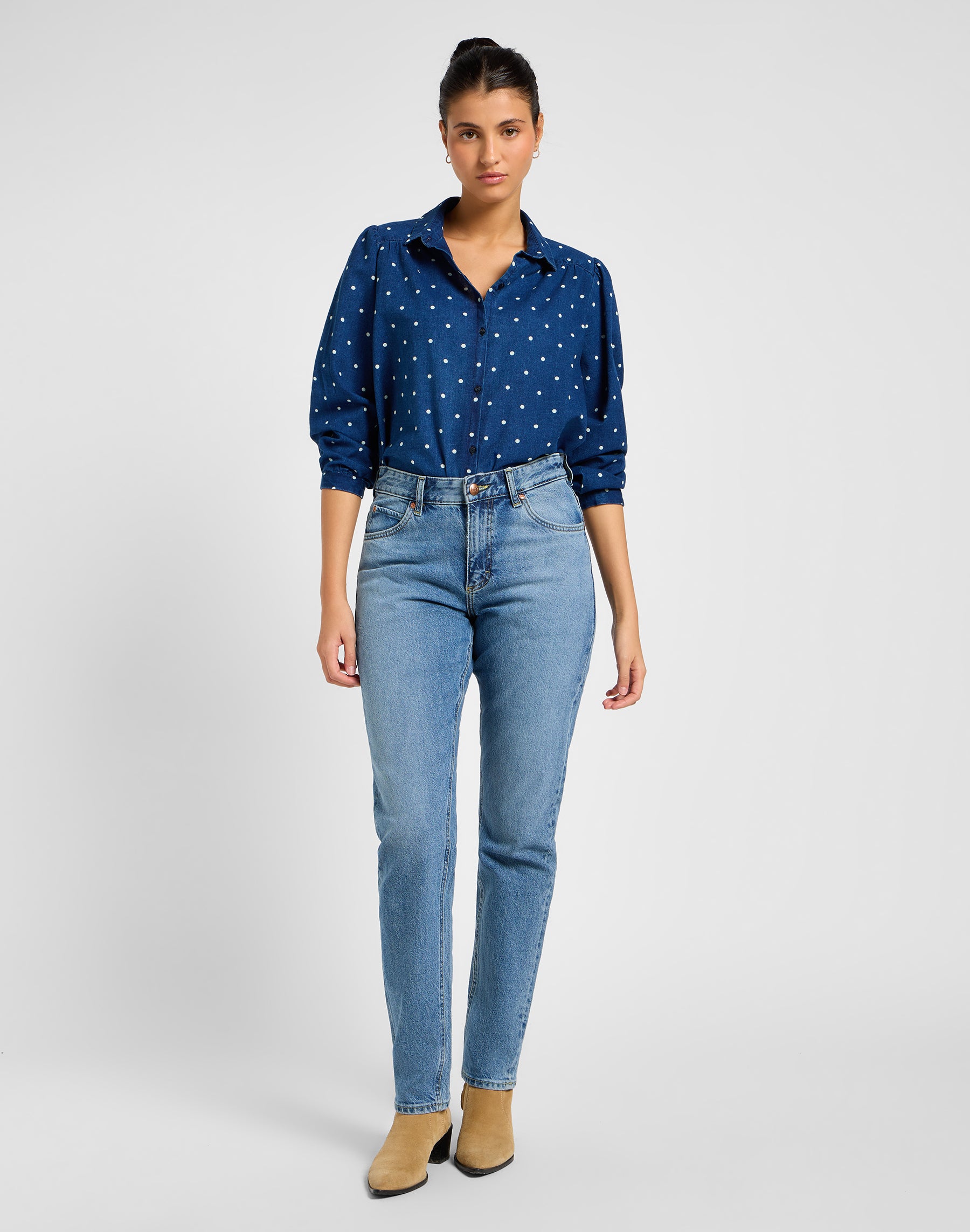 Shirred Blouse in Dotted Indigo Hemden Lee   