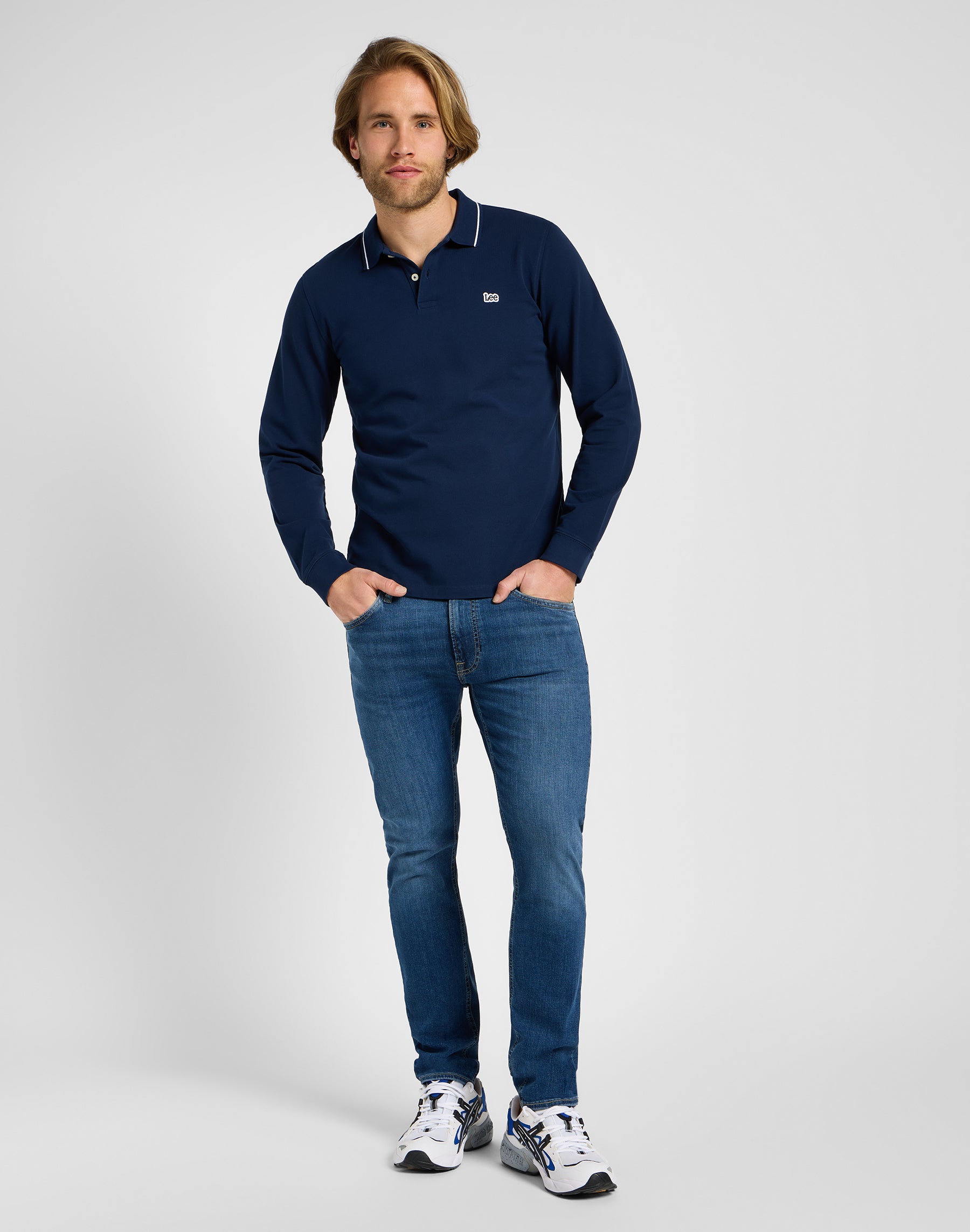 Longsleeves Pique Polo in Mood Indigo Polos Lee   