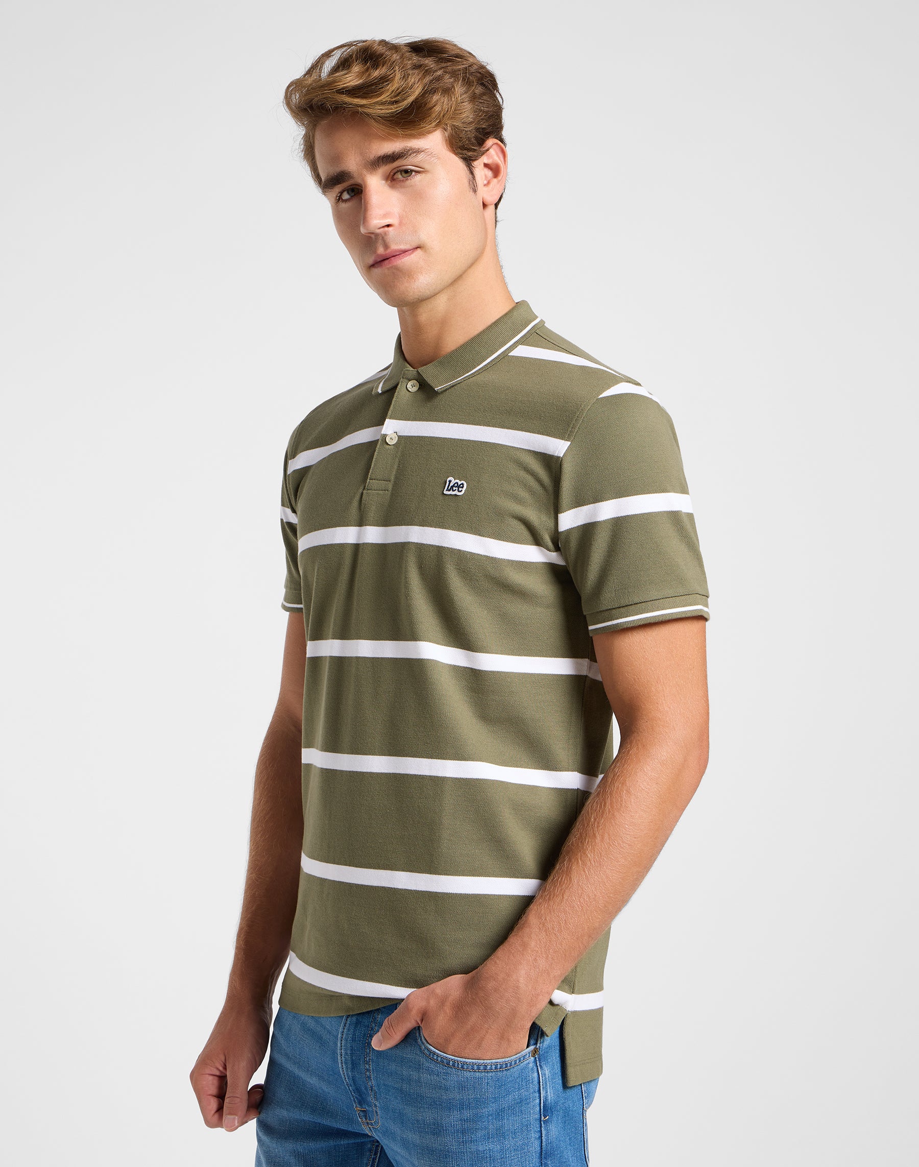 Pique Polo in Mercantile Green Stripe T-Shirts Lee