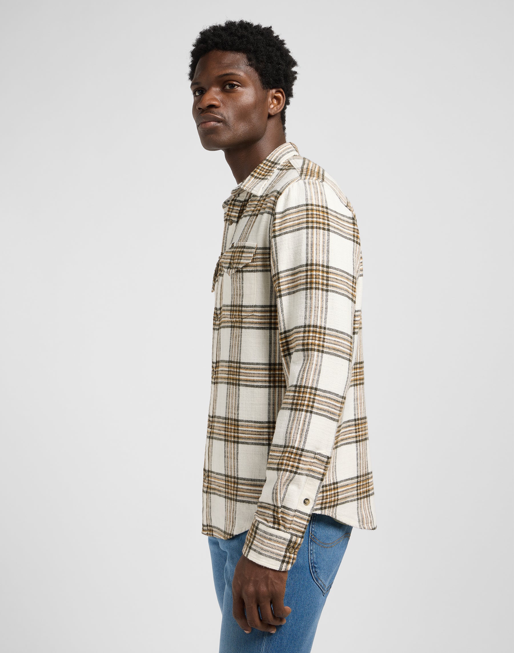 Clean Western Shirt in Ecru Ochre Plaid Hemden Lee