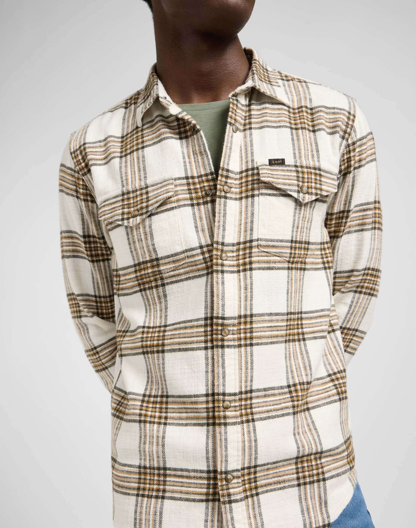 Clean Western Shirt in Ecru Ochre Plaid Hemden Lee