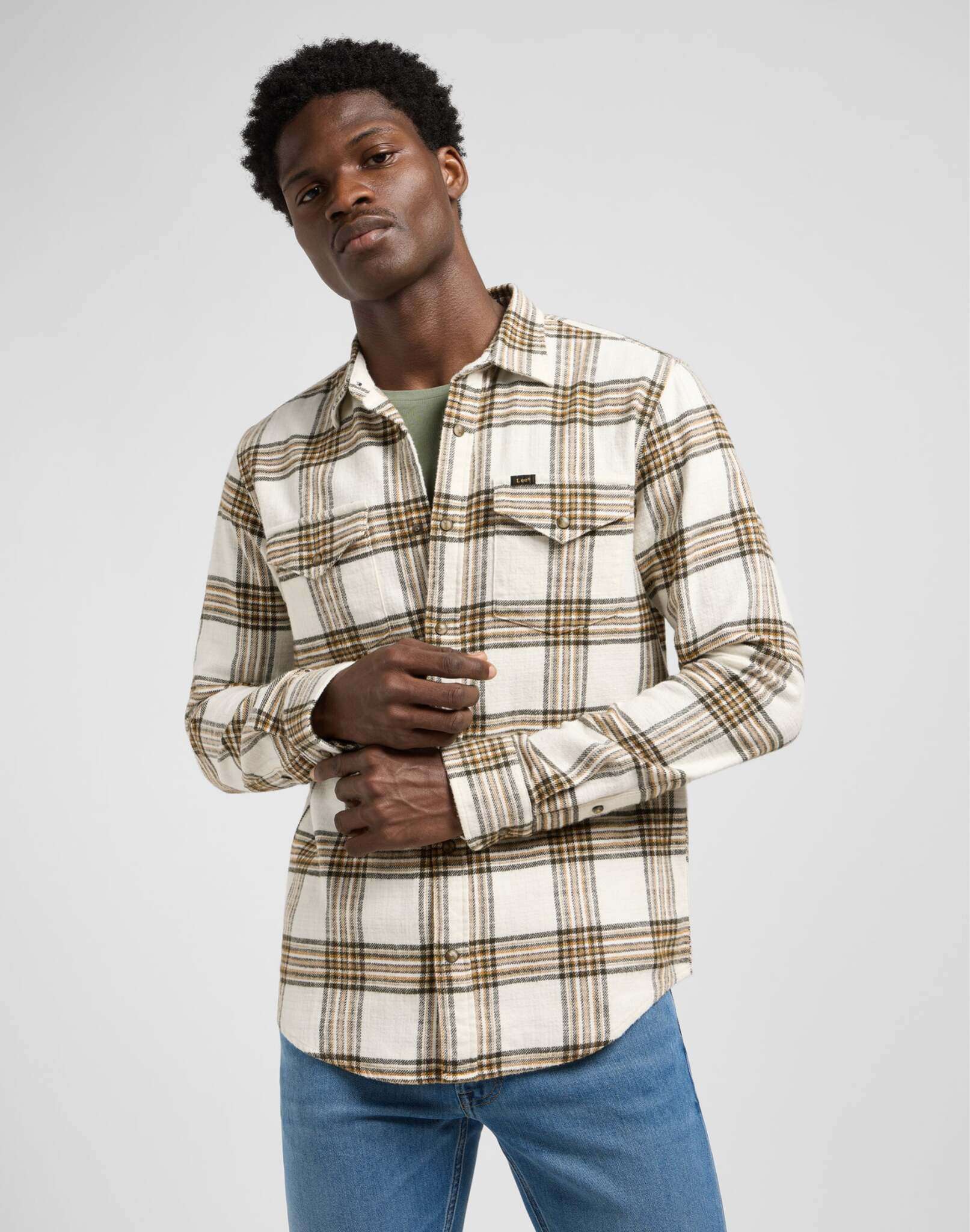 Clean Western Shirt in Ecru Ochre Plaid Hemden Lee