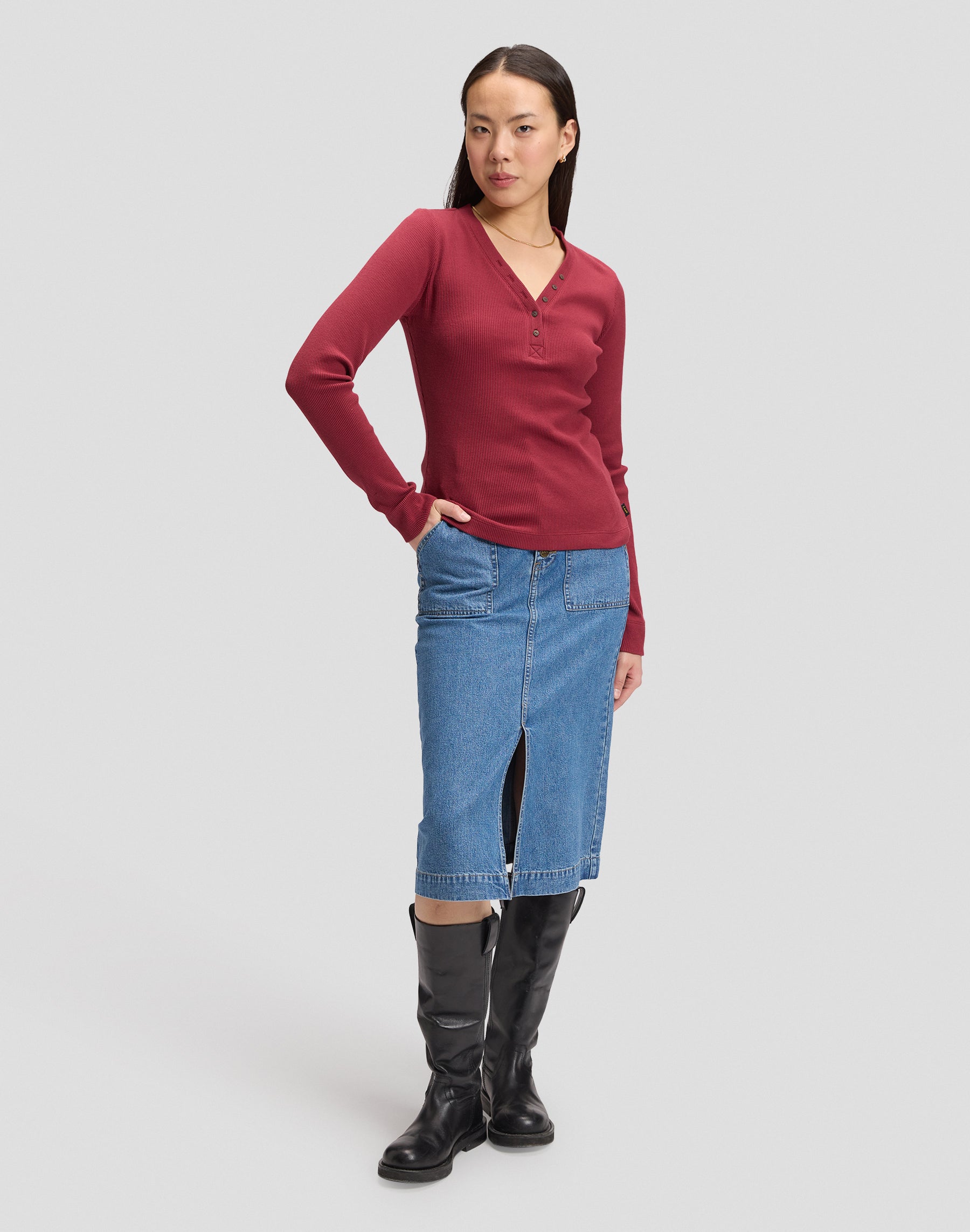 Langarmshirt Waffle Henley in Tibetan Red T-Shirts Lee