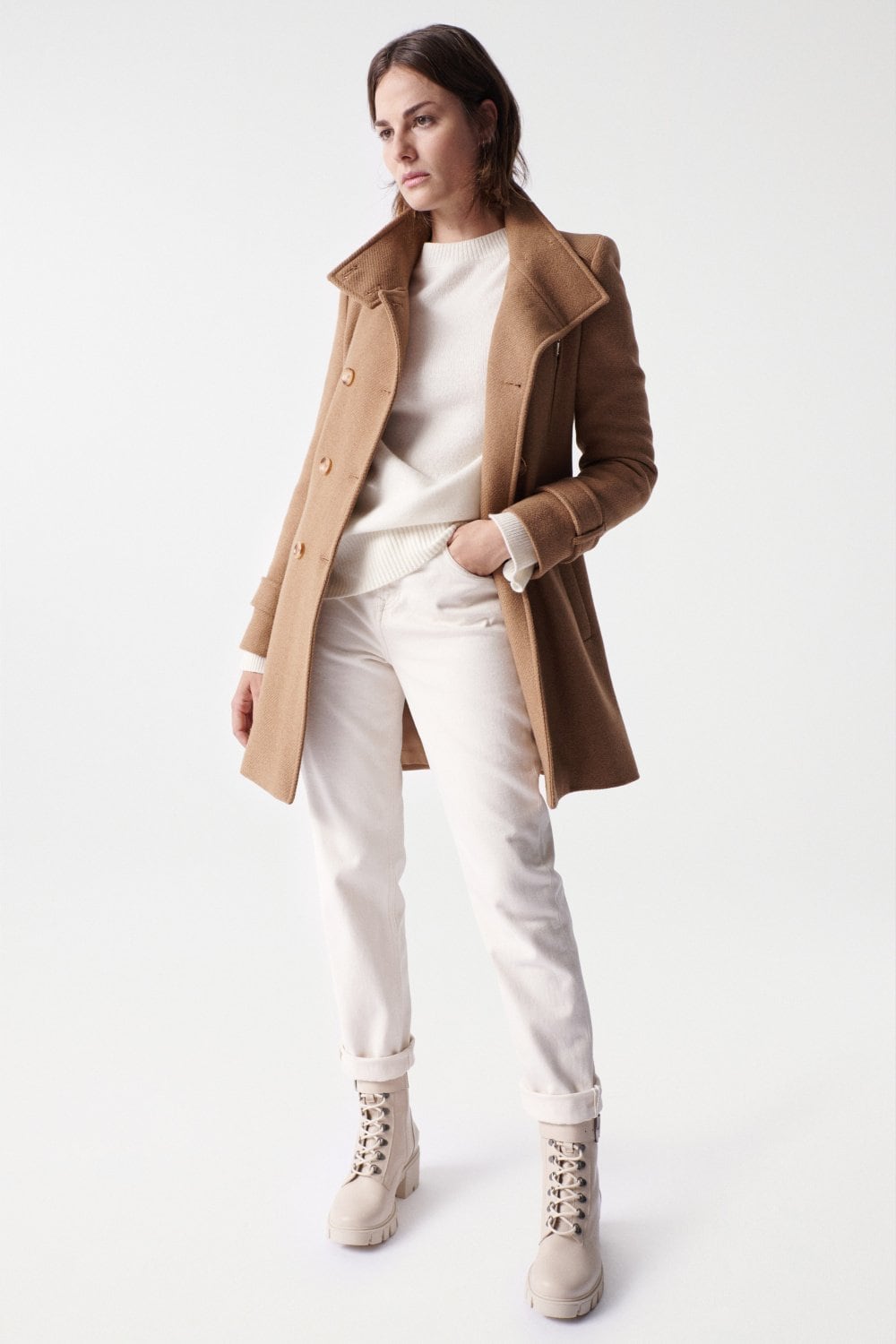 Grace Long Woolen Coat in Medium Beige Jacken Salsa Jeans   